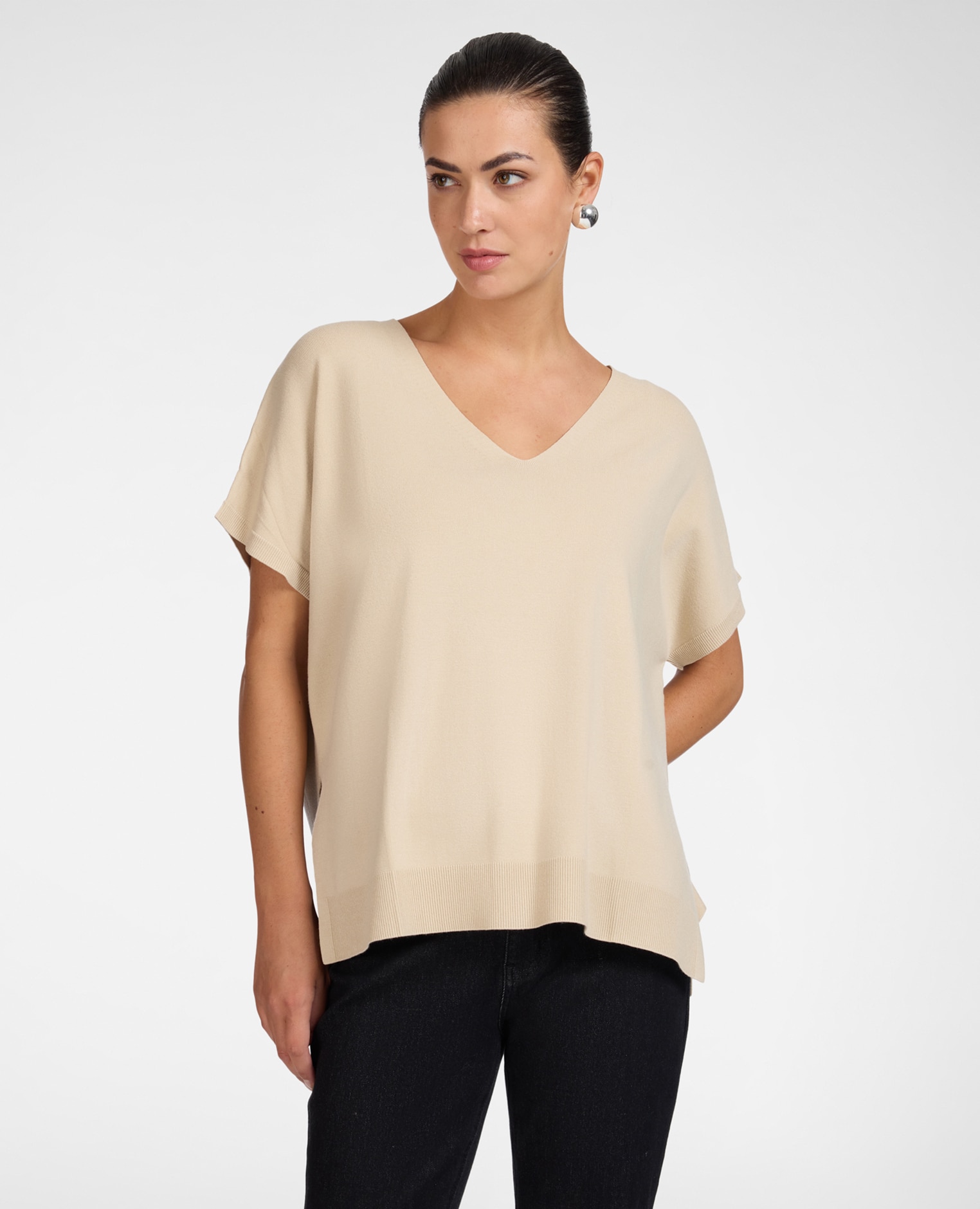 Jersey de mujer de viscosa con escote en v ajuste oversize y longitud media - Elena Miró - Beige Beige-1