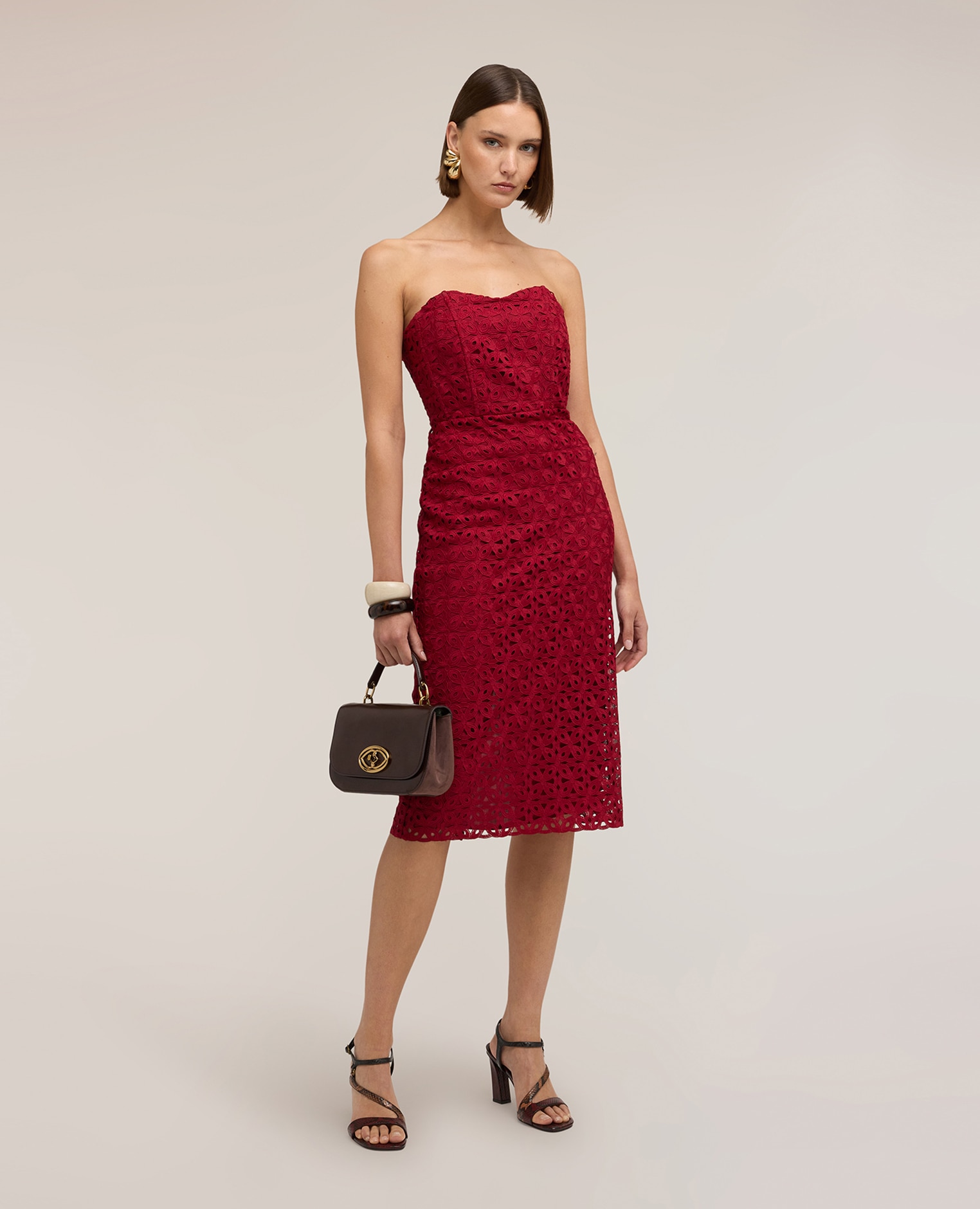 Motivi - Vestido tubo de encaje macramé largo midi cierre con cremallera trasera.