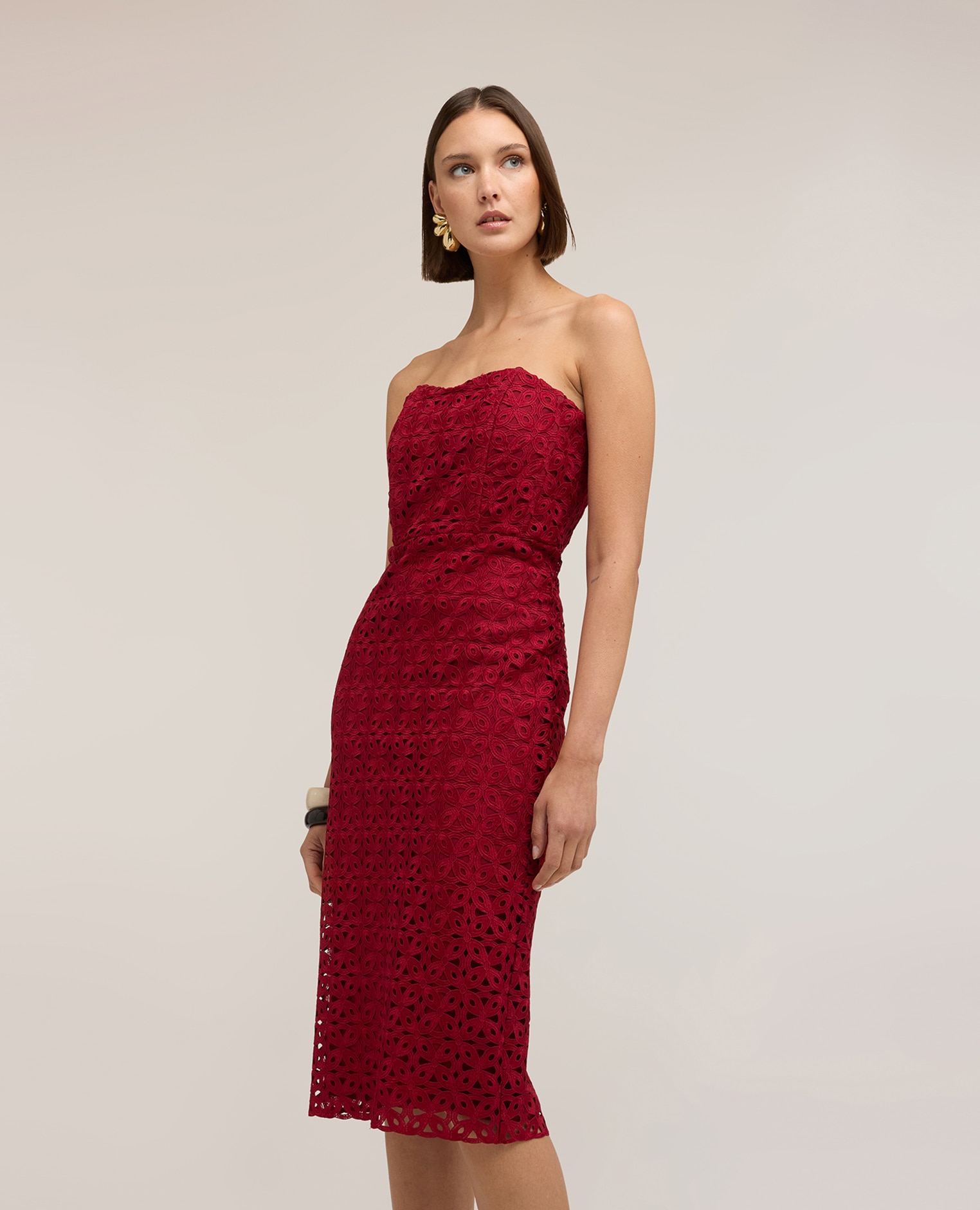Vestido tubo de encaje macramé largo midi cierre con cremallera trasera - Motivi - Burdeos Burdeos-3