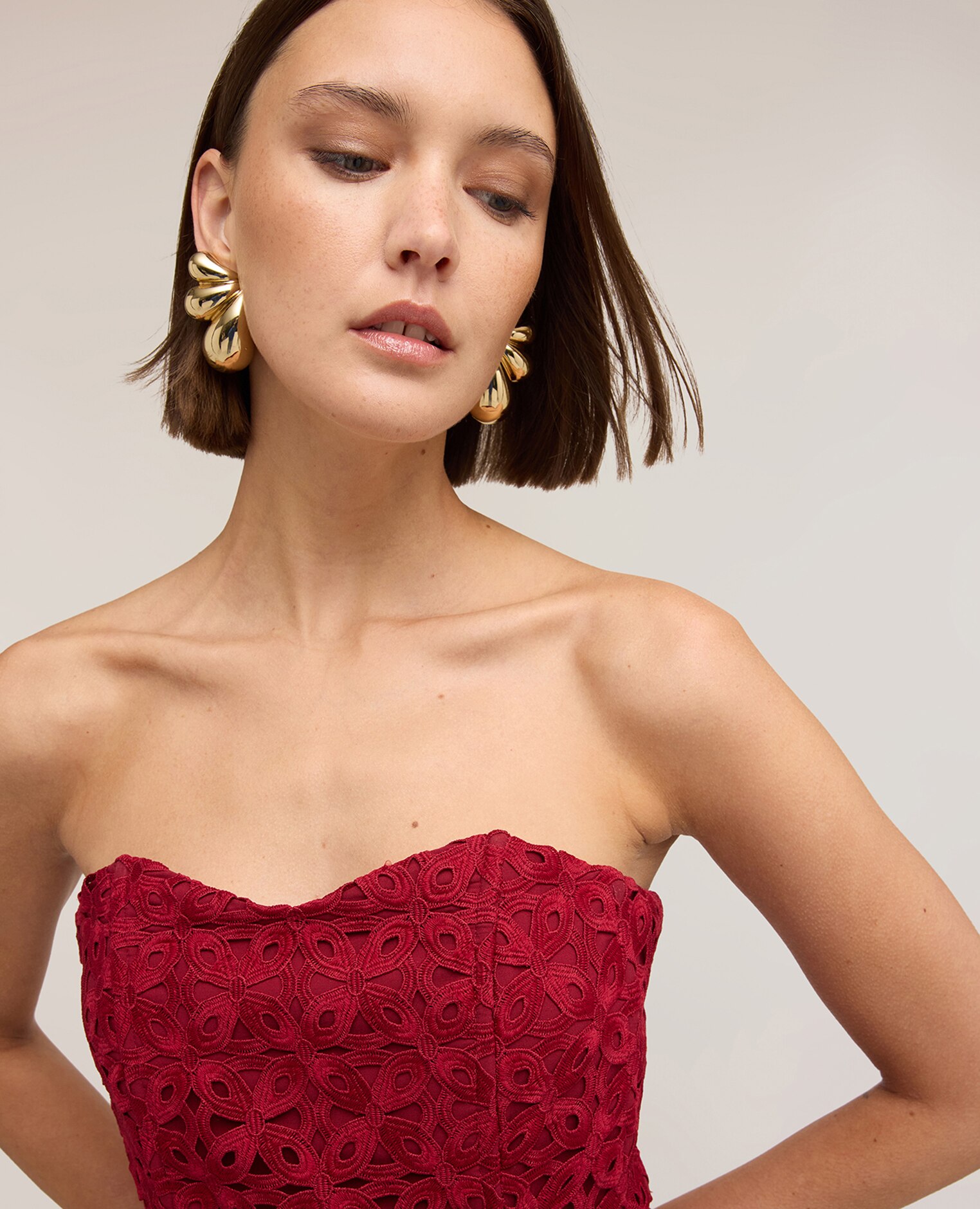 Vestido tubo de encaje macramé largo midi cierre con cremallera trasera - Motivi - Burdeos Burdeos-4