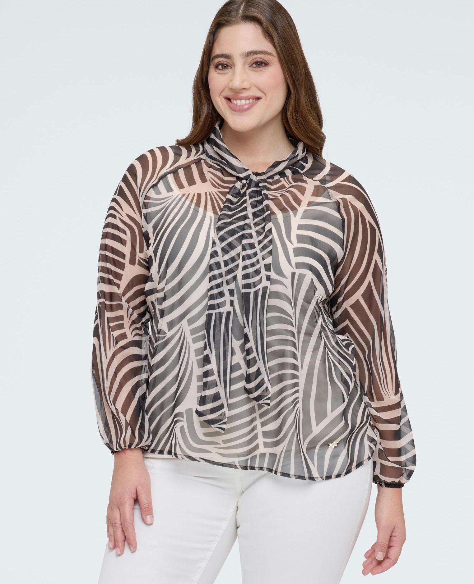 Blusa de mujer de georgette con estampado y lazo - Fiorella Rubino - Blanco Blanco-1