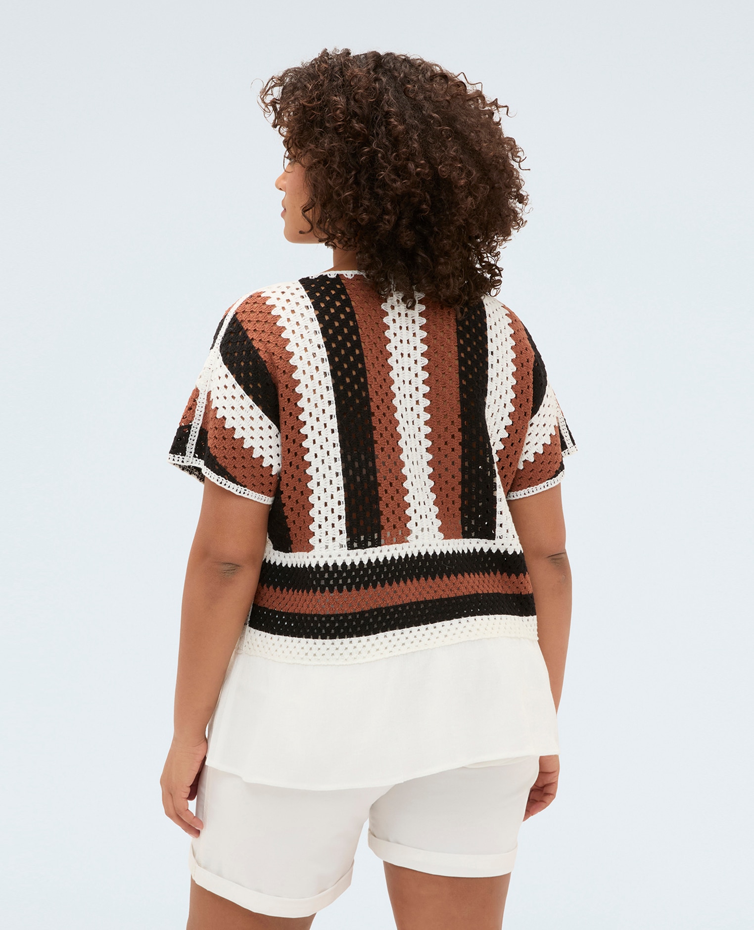 Jersey de mujer calado a rayas mezcla dos tejidos diferentes para un diseño boho chic - Fiorella Rubino - Blanco Blanco-2