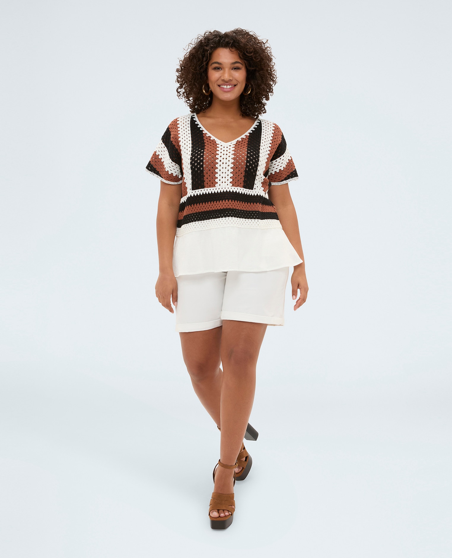 Jersey de mujer calado a rayas mezcla dos tejidos diferentes para un diseño boho chic - Fiorella Rubino - Blanco Blanco-3