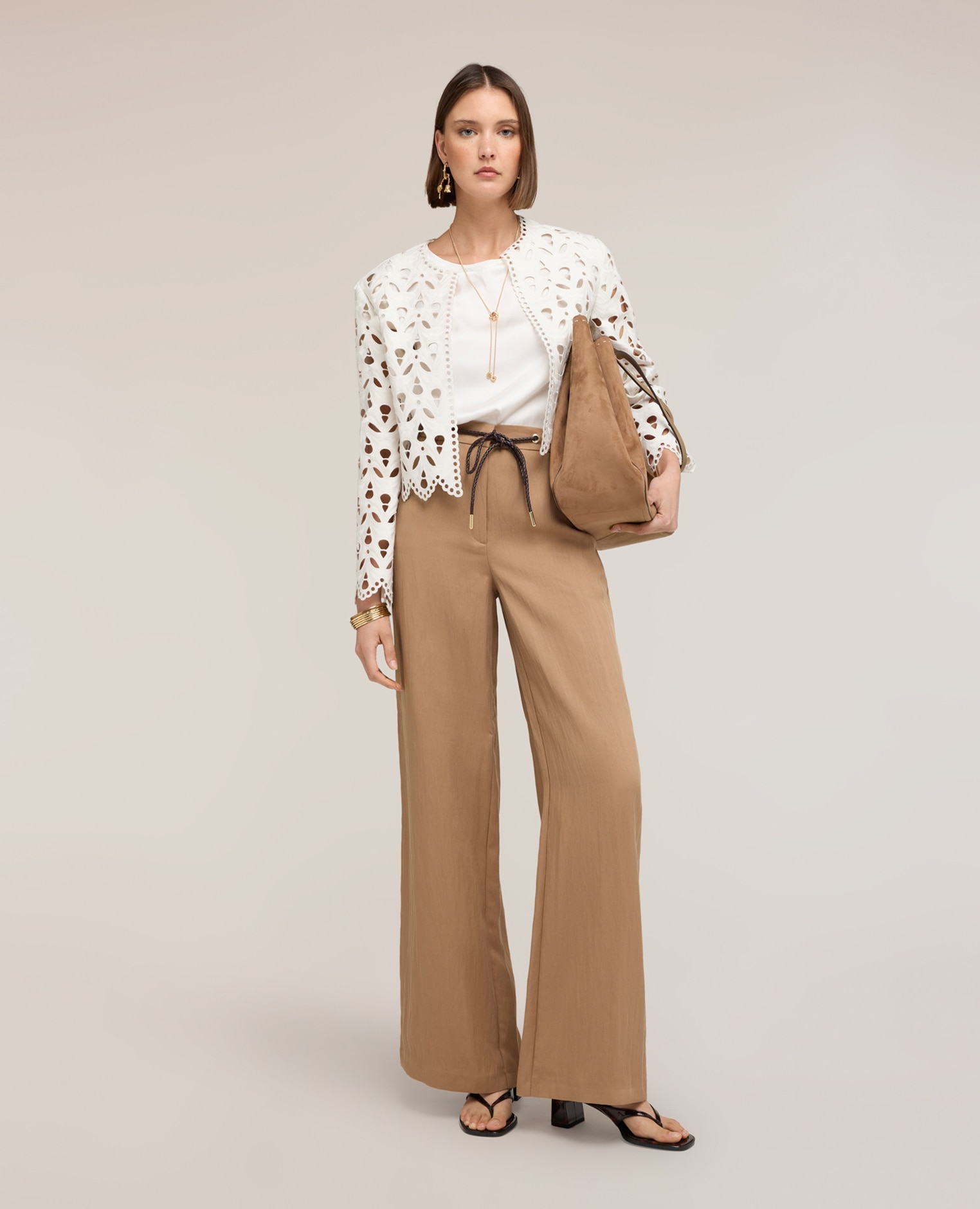 Pantalones de mujer palazzo mezcla de lyocell cierre frontal con cremallera y cinturón con cordón - Motivi - Beige Beige-3