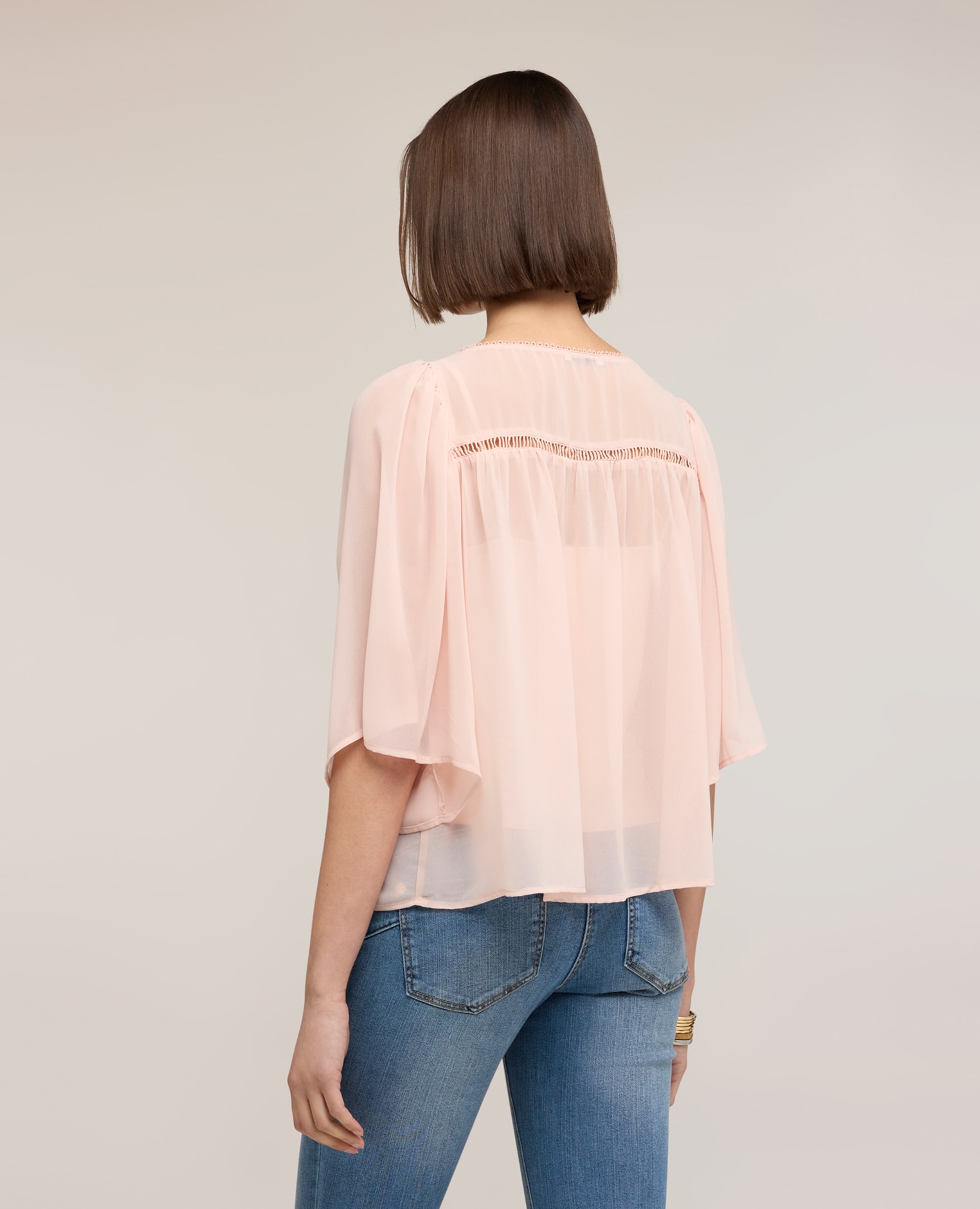 Blusa de mujer de georgette con bordados ajouré ajuste boxy con escote barco - Motivi - Rosa Rosa-2