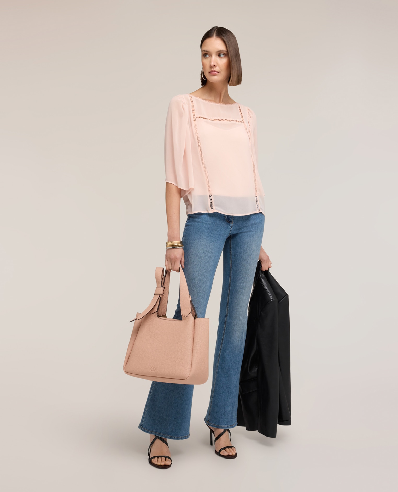 Blusa de mujer de georgette con bordados ajouré ajuste boxy con escote barco - Motivi - Rosa Rosa-3