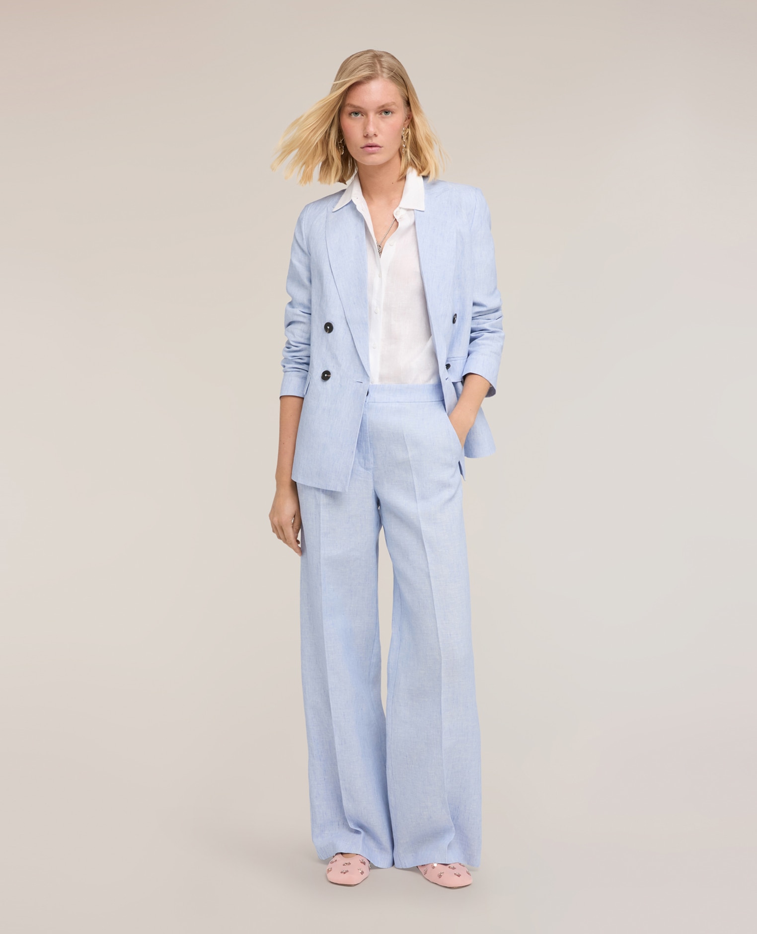 Blazer de mujer cruzado de lino modelo cruzado con cierre de botones - Motivi - Azul claro Azul claro-3