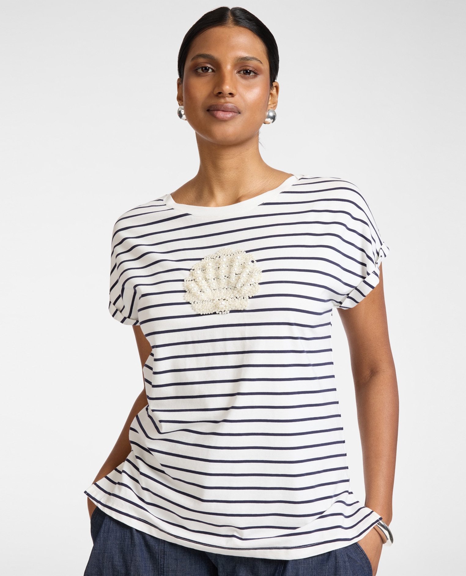 Elena Miró - Camiseta de mujer de algodón a rayas con bordado ajuste regular con mangas cortas.