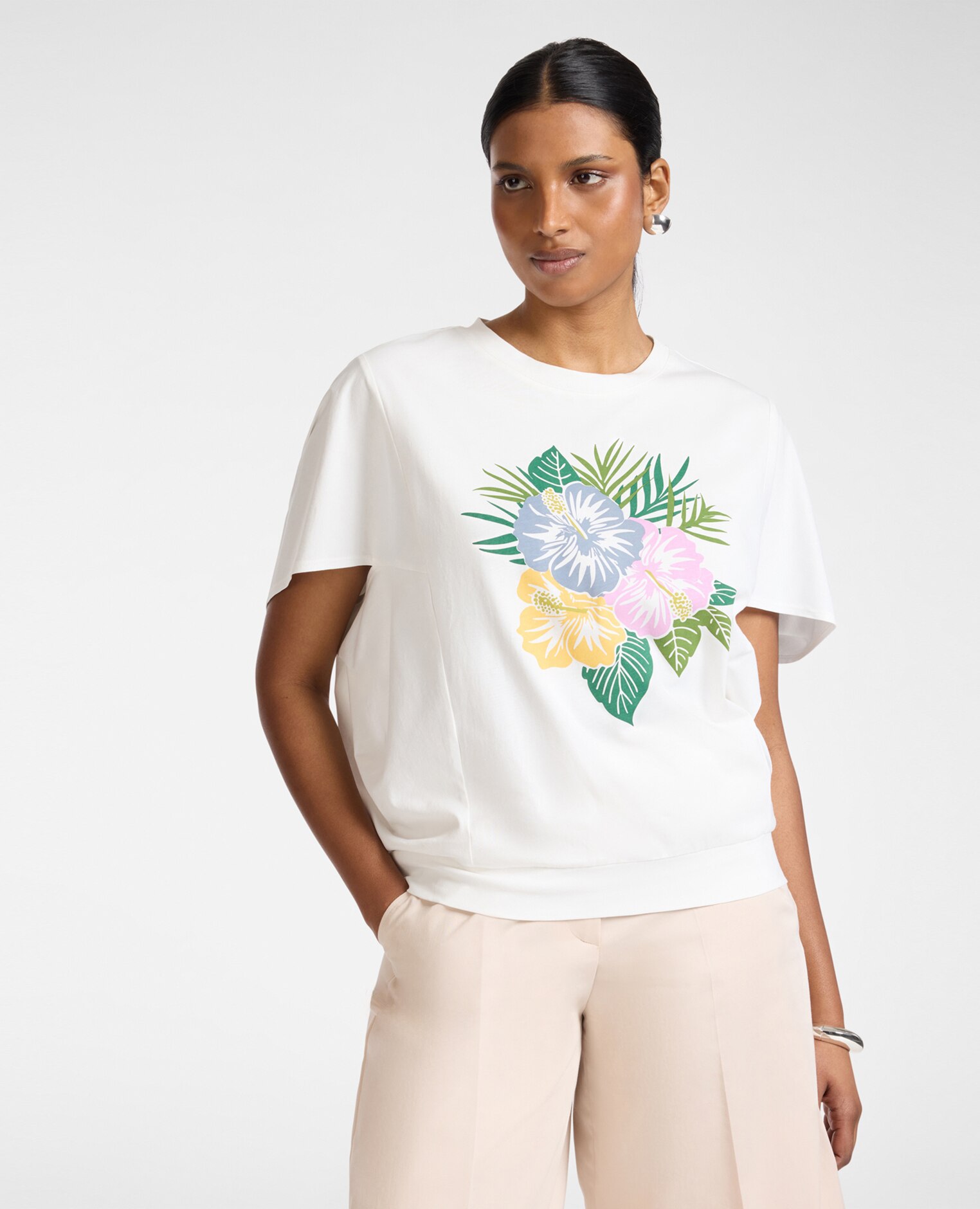Elena Miró - Camiseta de mujer de algodón estampada ajuste oversize y mangas cortas amplias.