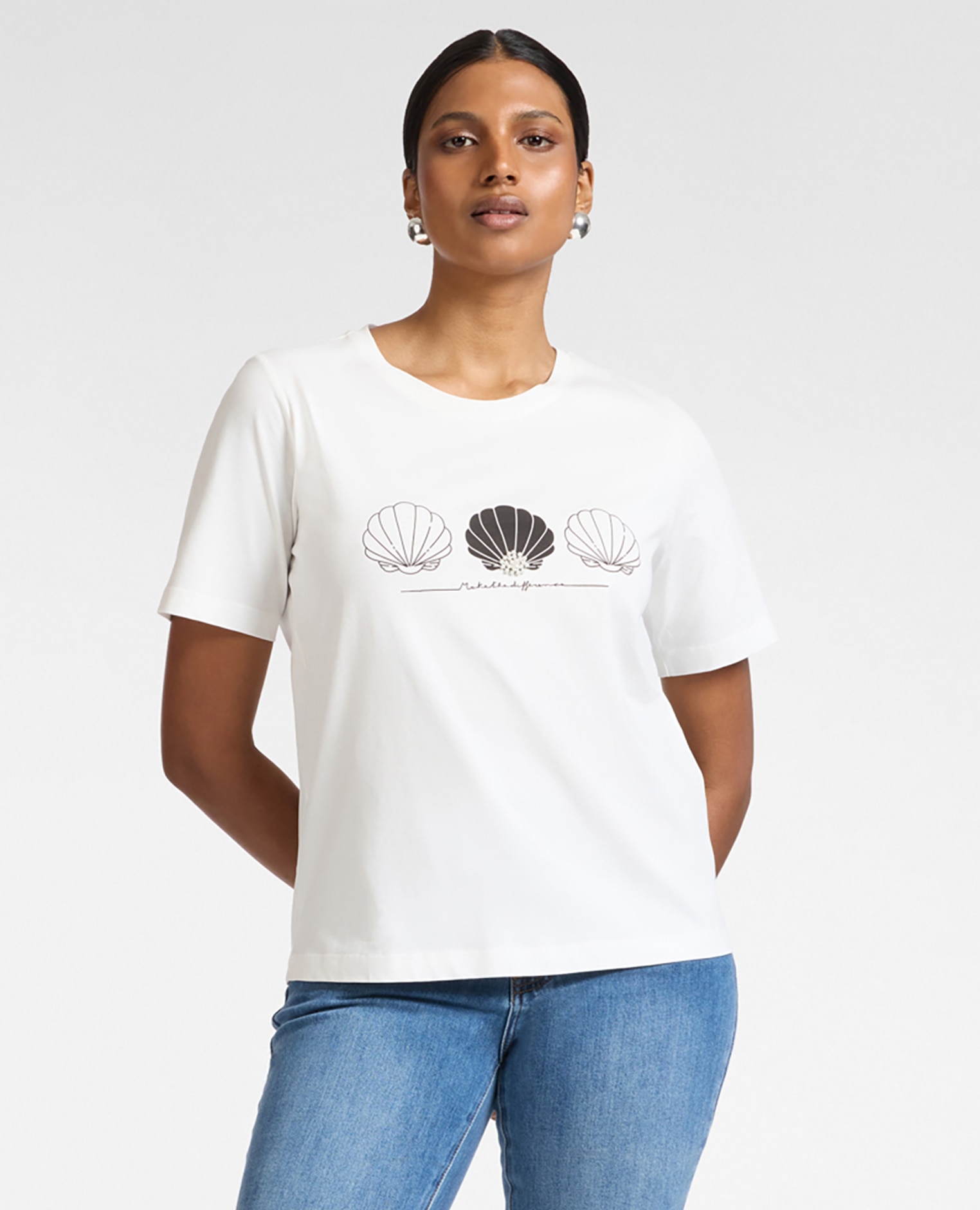 Elena Miró - Camiseta de mujer de algodón estampada con perlas ajuste regular con mangas cortas y cuello redondo.