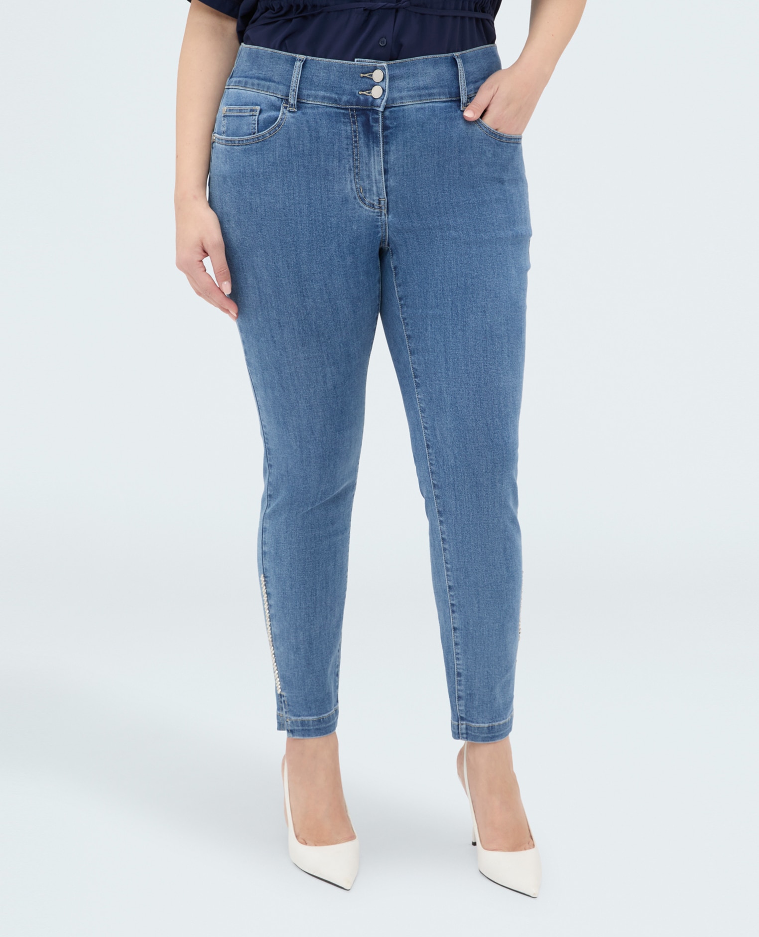 Vaqueros de mujer skinny con aplicación luminosa cierre con doble botón y cremallera delante y elástico detrás para el máximo confort - Fiorella Rubino - Azul Azul-3