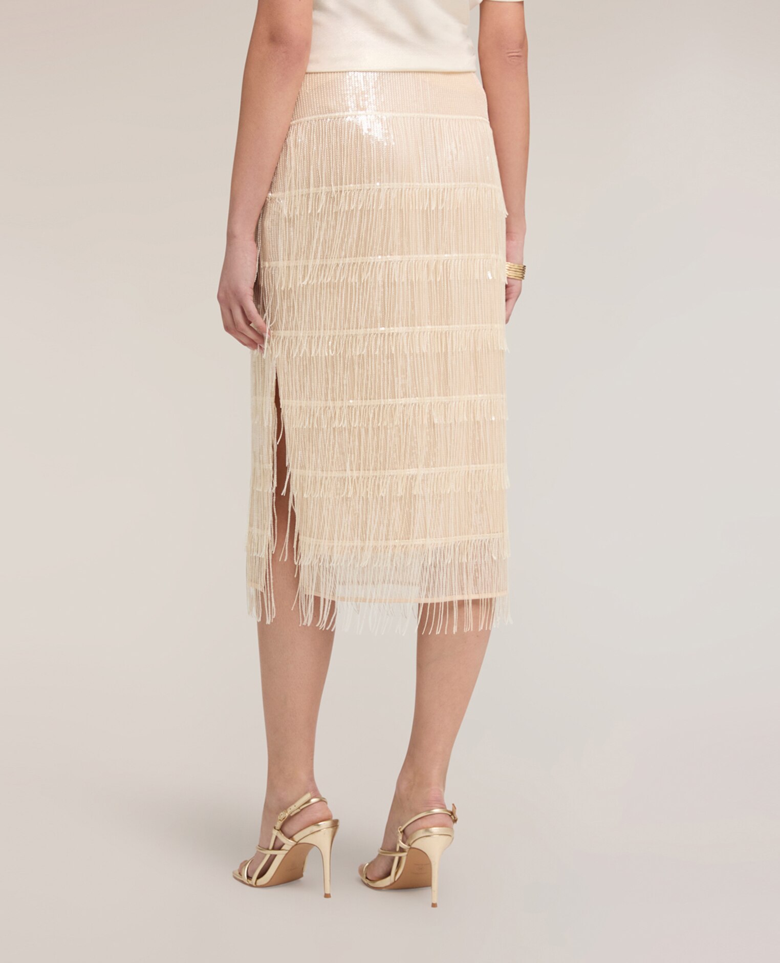 Falda tubo de tul con flecos largo midi cintura alta con cremallera lateral - Motivi - Beige Beige-2