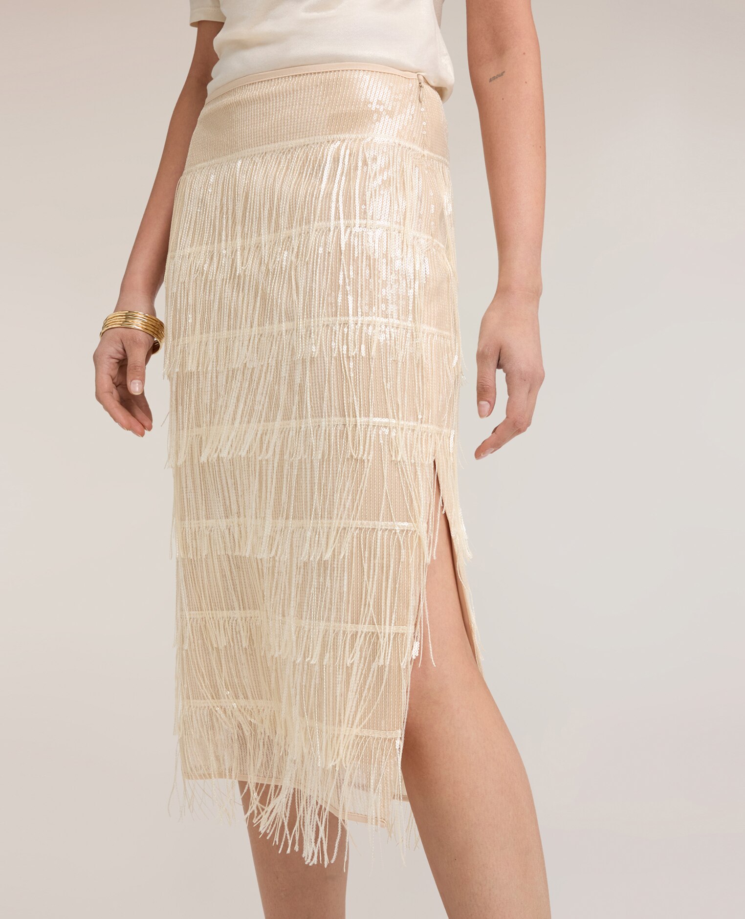 Falda tubo de tul con flecos largo midi cintura alta con cremallera lateral - Motivi - Beige Beige-3