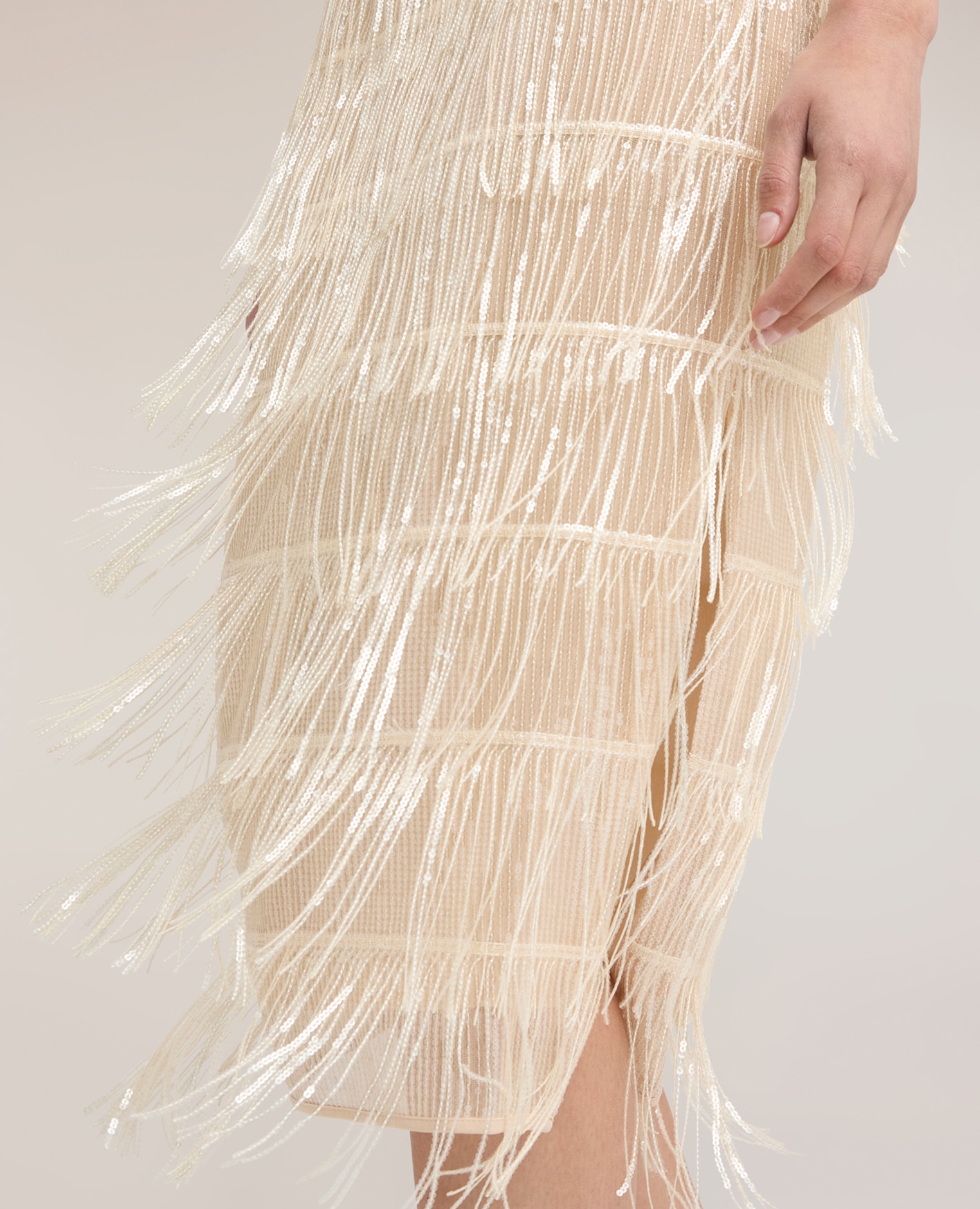 Falda tubo de tul con flecos largo midi cintura alta con cremallera lateral - Motivi - Beige Beige-4