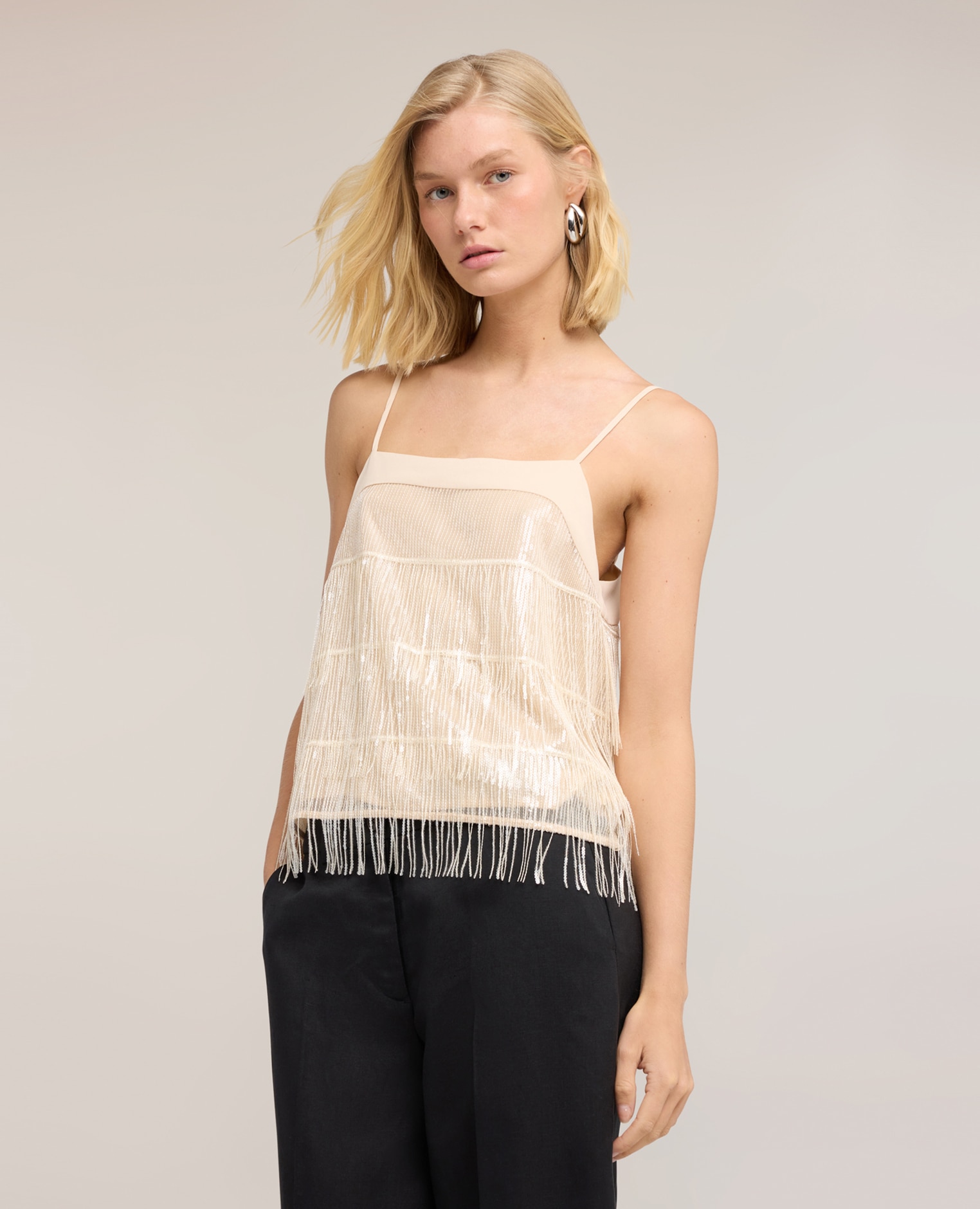 Top de mujer de tul con flecos ajuste regular escote recto - Motivi - Beige Beige-1