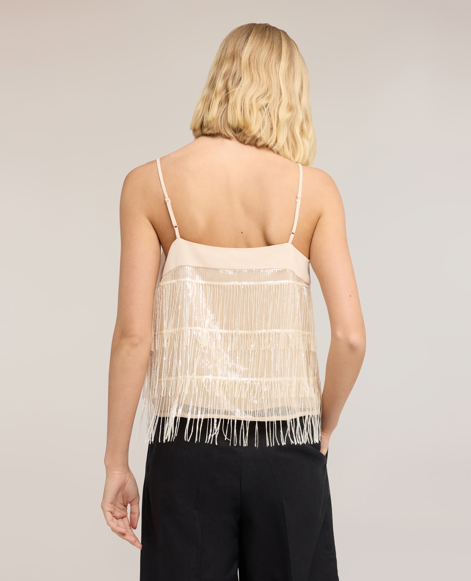 Top de mujer de tul con flecos ajuste regular escote recto - Motivi - Beige Beige-2