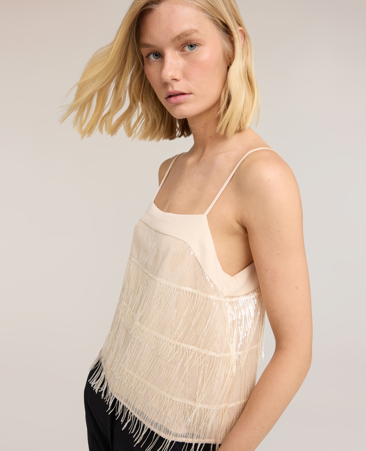 Top de mujer de tul con flecos ajuste regular escote recto - Motivi - Beige Beige-4