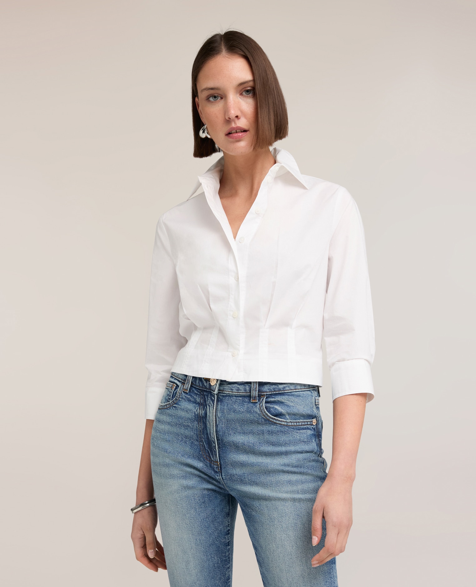 Camisa de mujer boxy de popelín abertura frontal con botonadura a la vista - Motivi - Blanco Blanco-1
