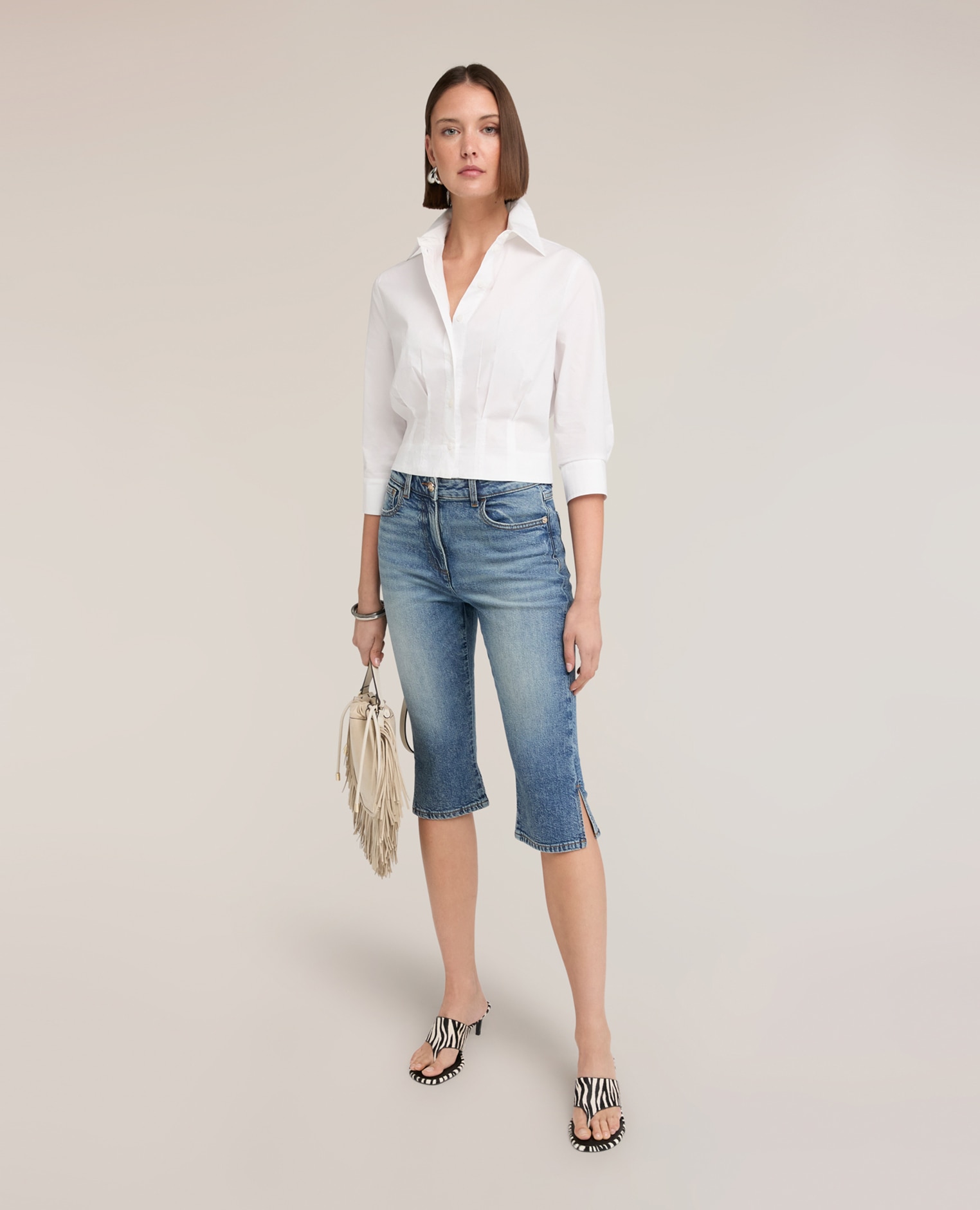 Camisa de mujer boxy de popelín abertura frontal con botonadura a la vista - Motivi - Blanco Blanco-3