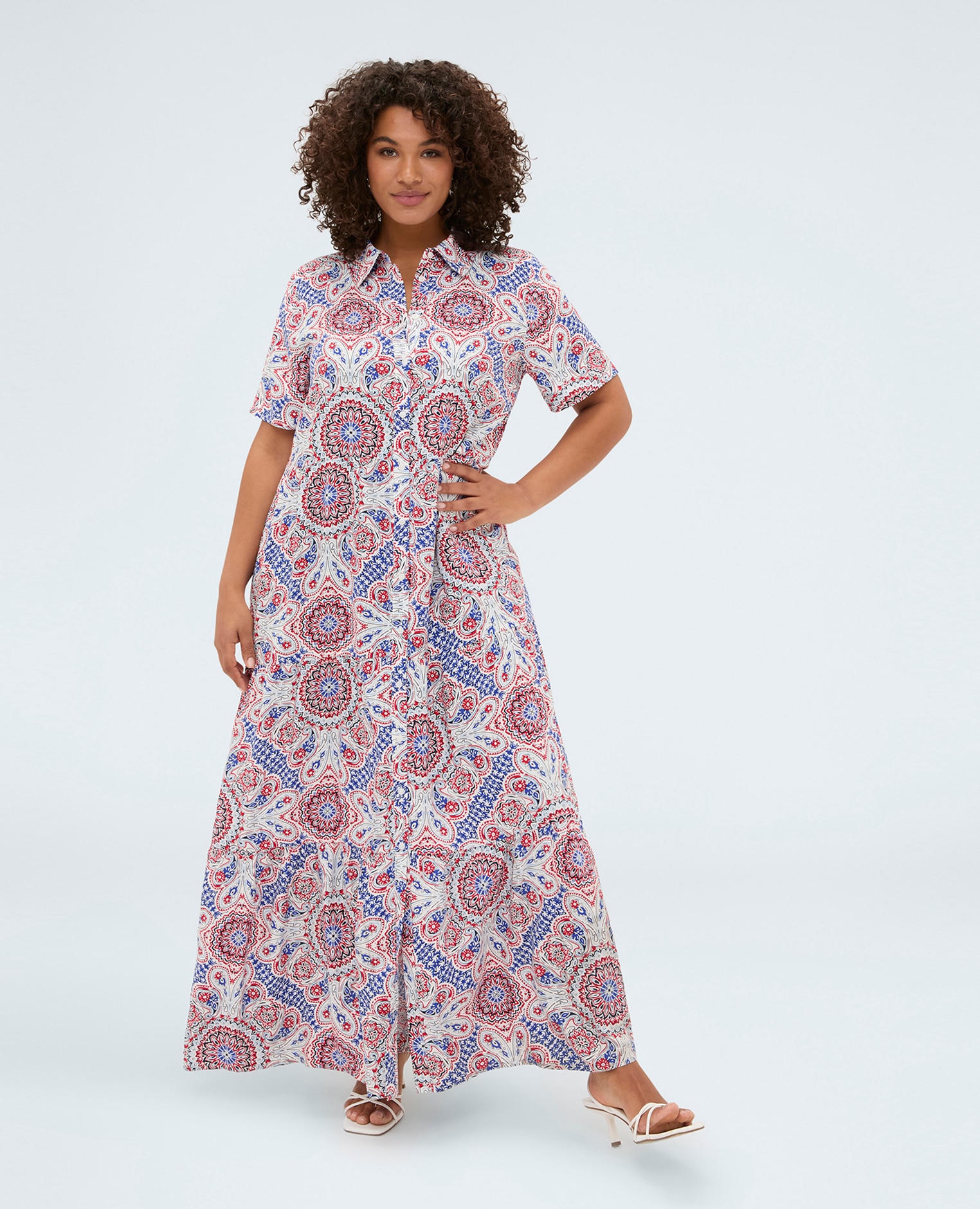 Vestido camisero con estampado mangas cortas y línea con volantes - Fiorella Rubino - Rojo Rojo-1
