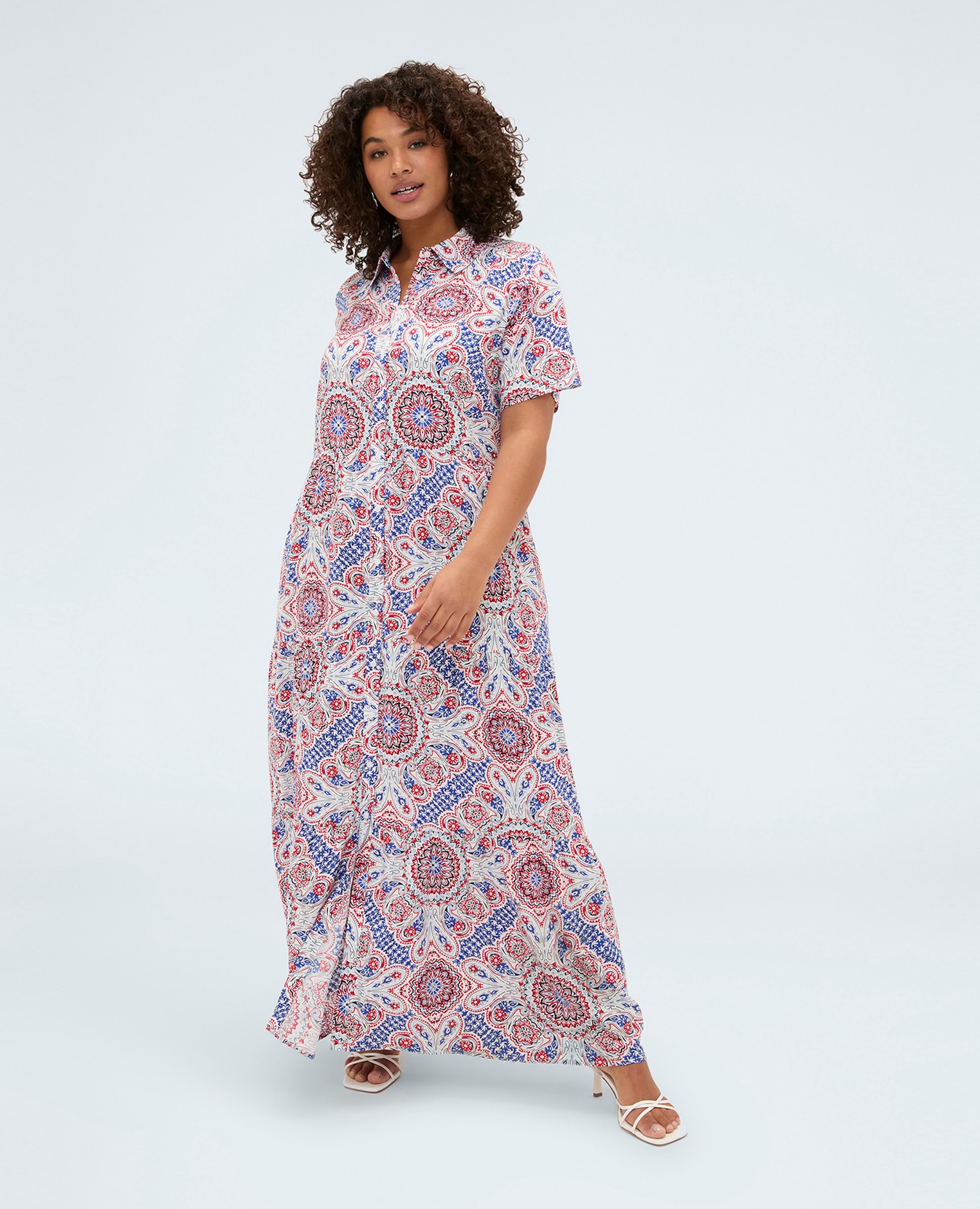 Vestido camisero con estampado mangas cortas y línea con volantes - Fiorella Rubino - Rojo Rojo-3