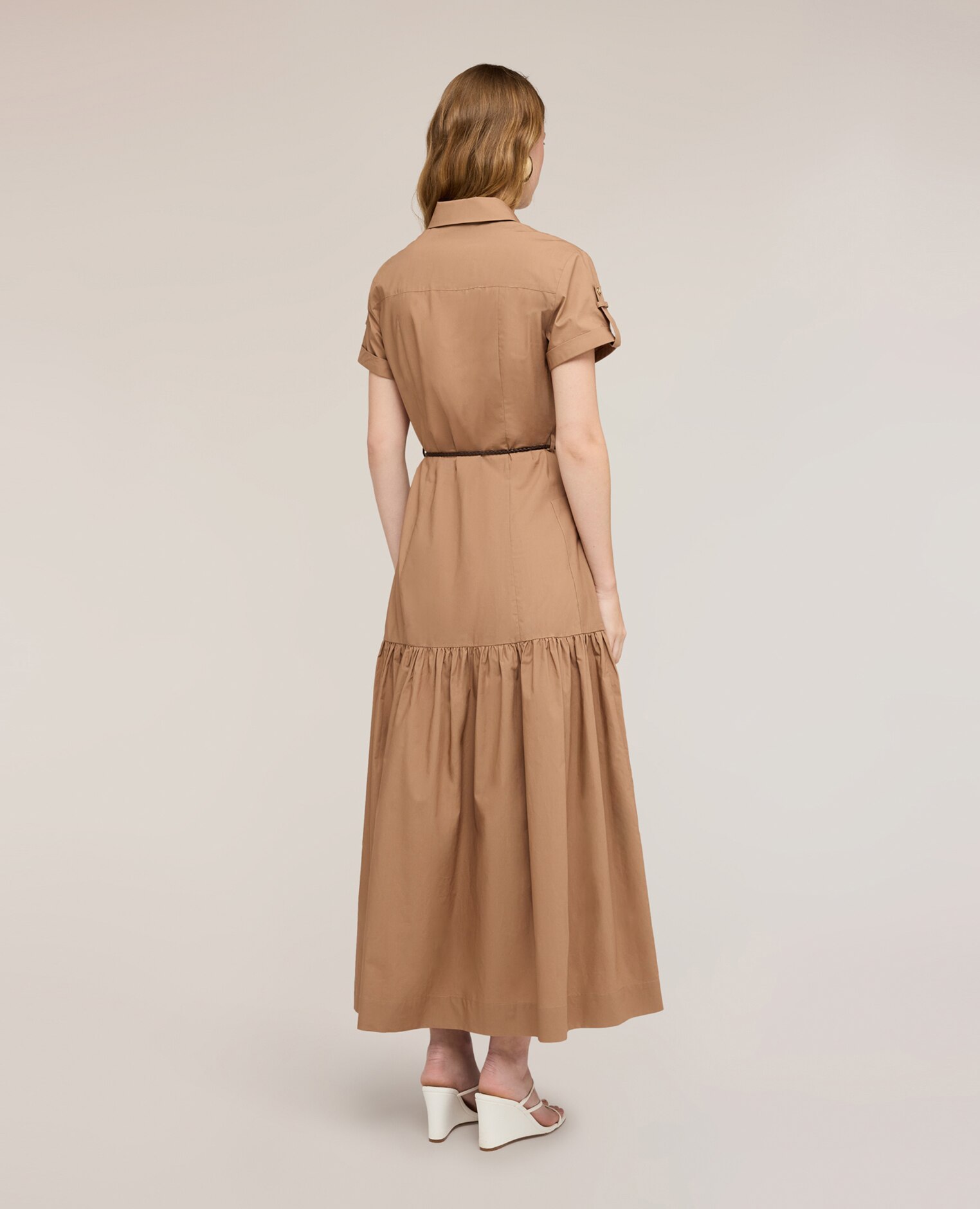 Vestido camisero largo en mezcla de algodón apertura frontal con botones visibles cuello clásico - Motivi - Beige Beige-2