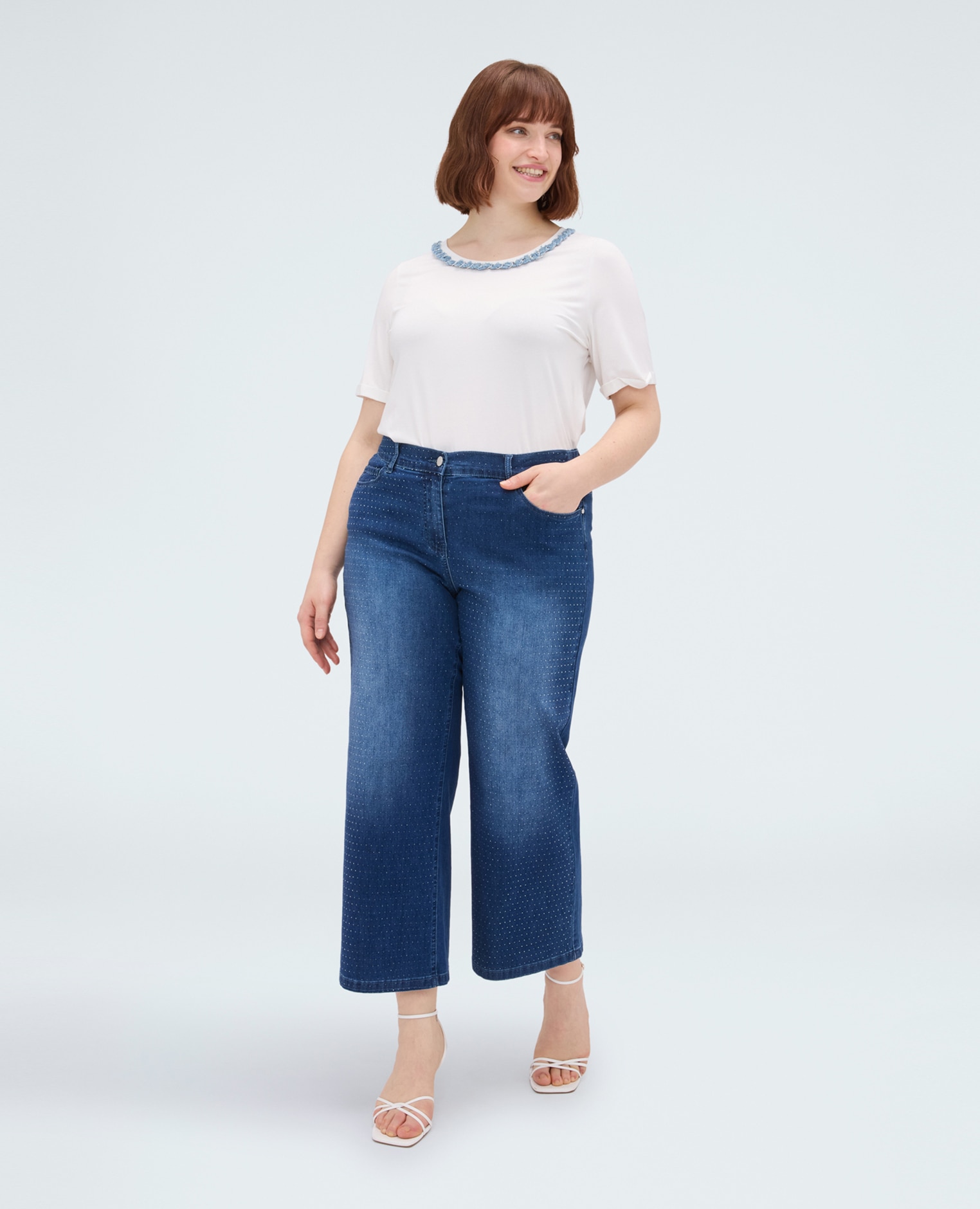 Vaqueros de mujer cropped full hotfix cierre con botones y cremallera delante y elástico detrás - Fiorella Rubino - Azul Azul-3