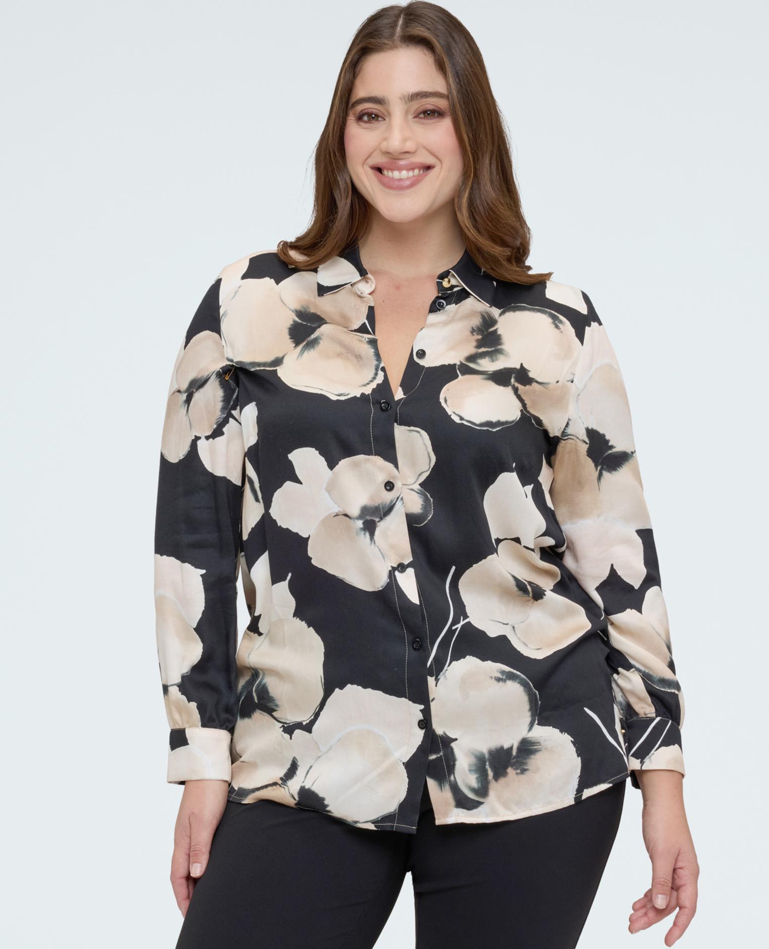 Fiorella Rubino - Camisa de mujer estampado floral en raso manga larga.