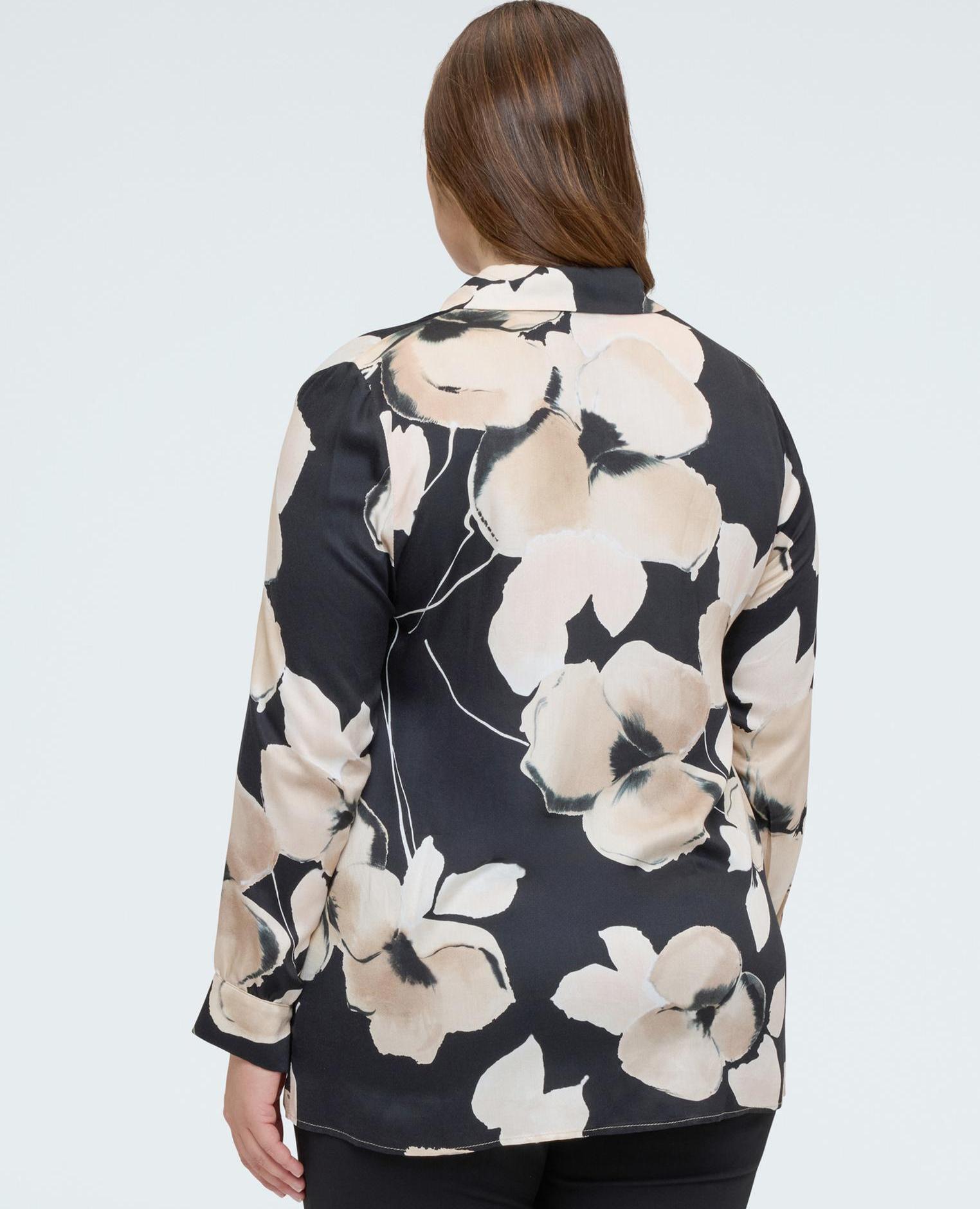 Camisa de mujer estampado floral en raso manga larga - Fiorella Rubino - Negro Negro-2