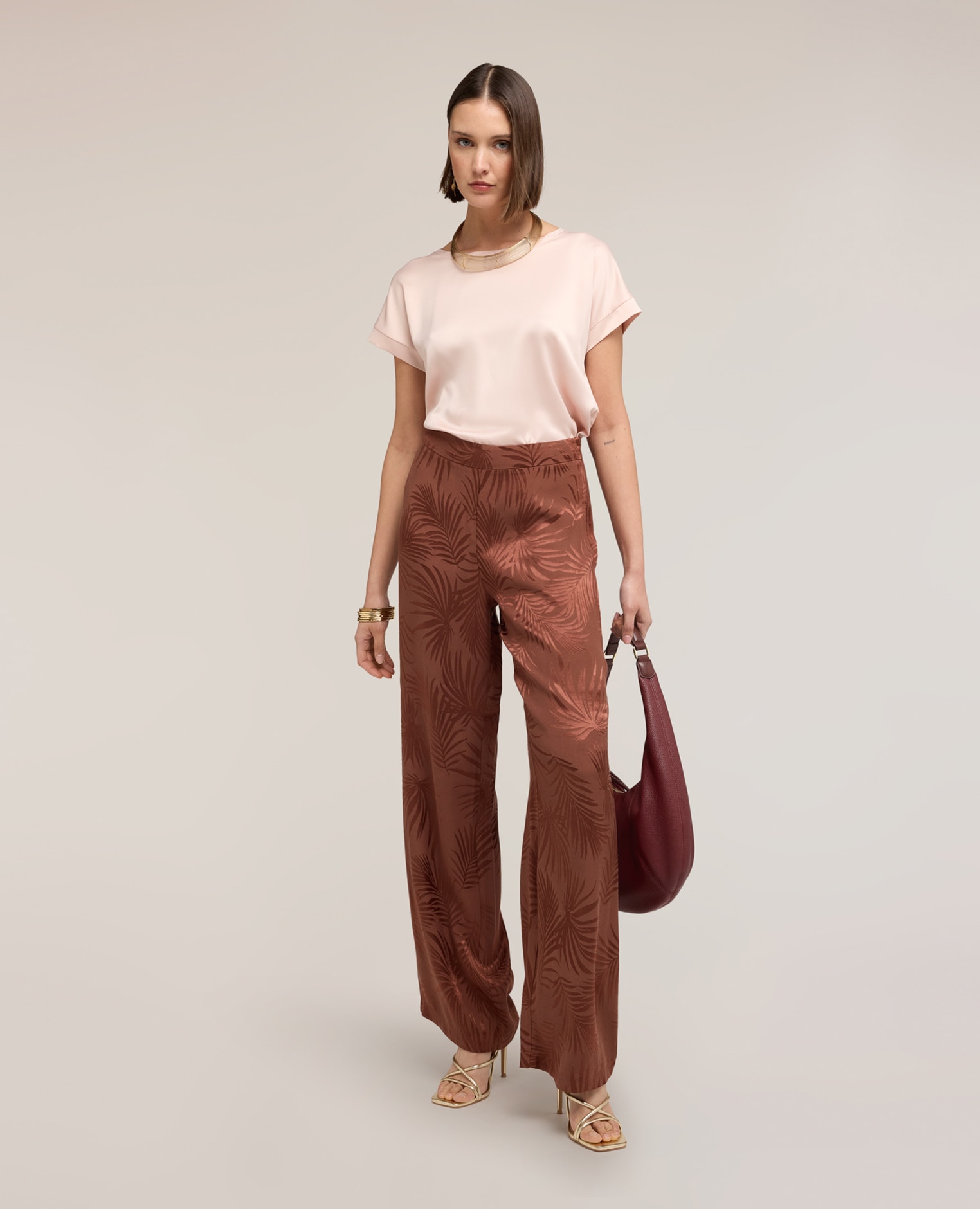 Pantalones de mujer palazzo en raso jacquard ajuste regular cierre con cremallera - Motivi - Marrón Marrón-3