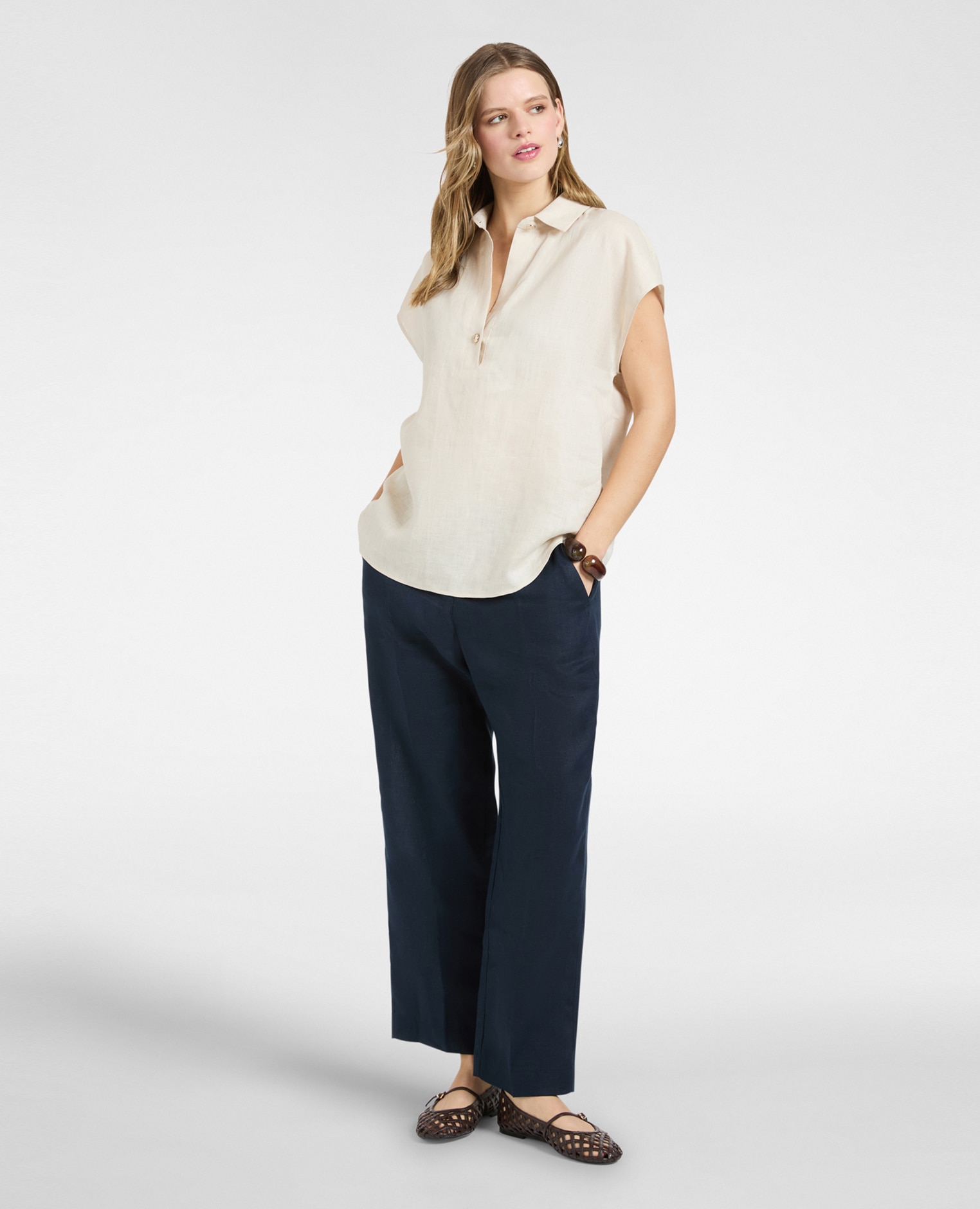 Pantalones de mujer de lino cierre con botón y cremallera - Elena Miró - Azul Azul-1