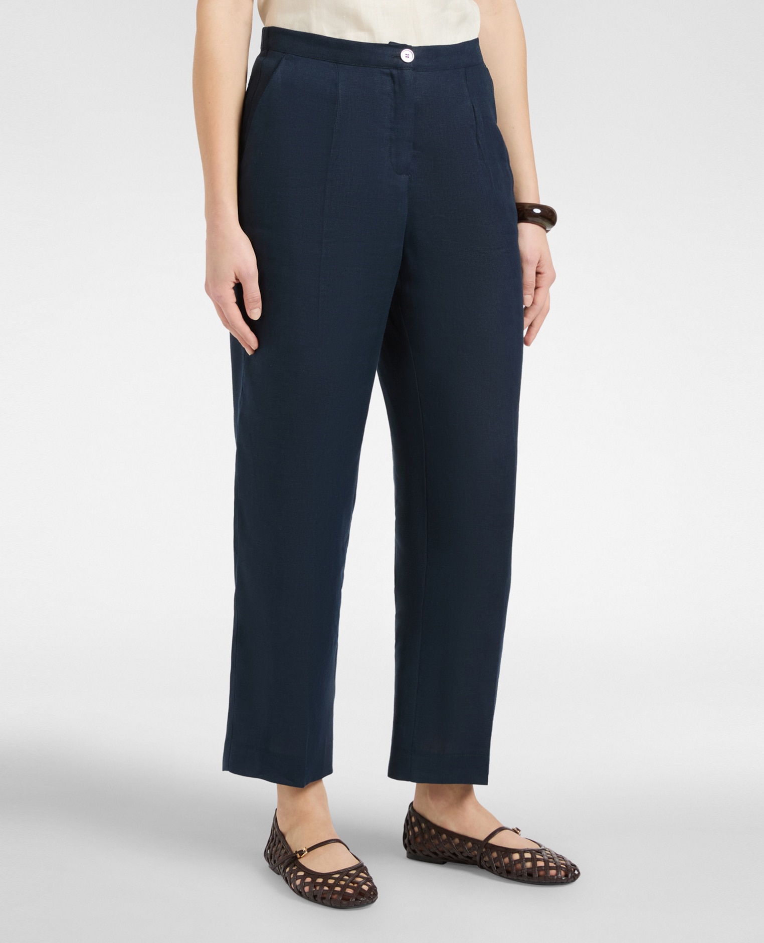 Pantalones de mujer de lino cierre con botón y cremallera - Elena Miró - Azul Azul-3