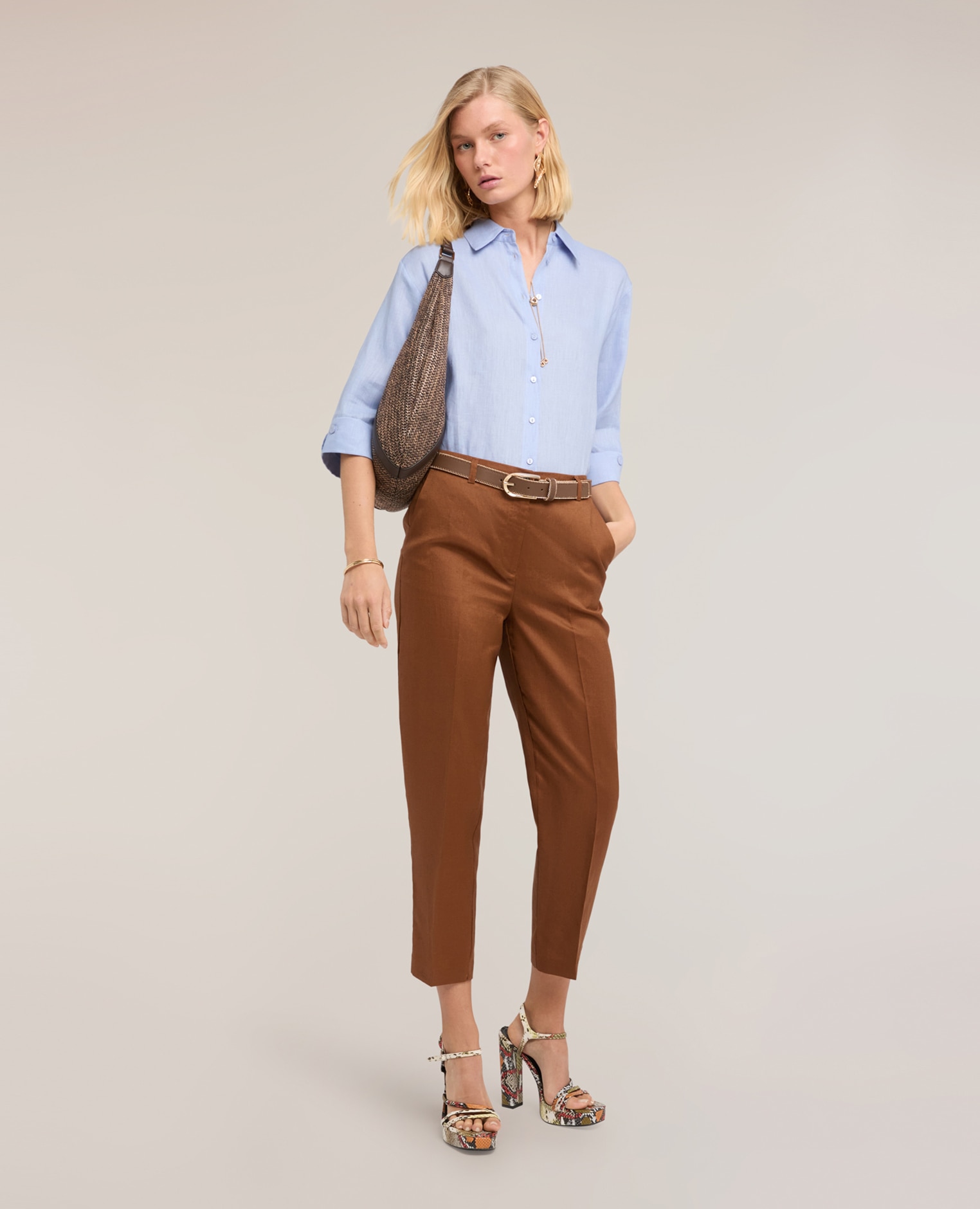 Motivi - Pantalones de mujer regular de mezcla de lino cierre frontal con botón y cremallera.