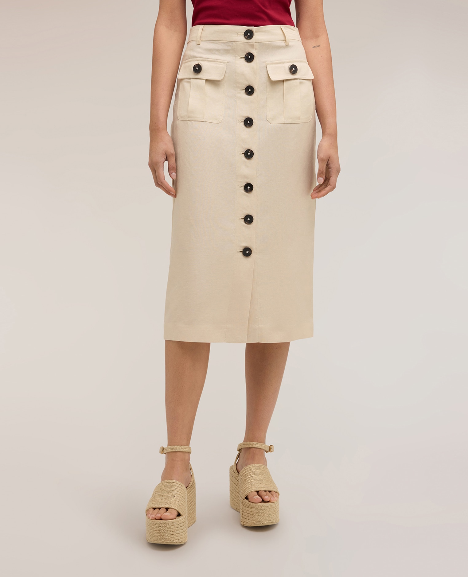 Falda tubo longuette en mezcla de lino talle alto cierre frontal con botones - Motivi - Beige Beige-3