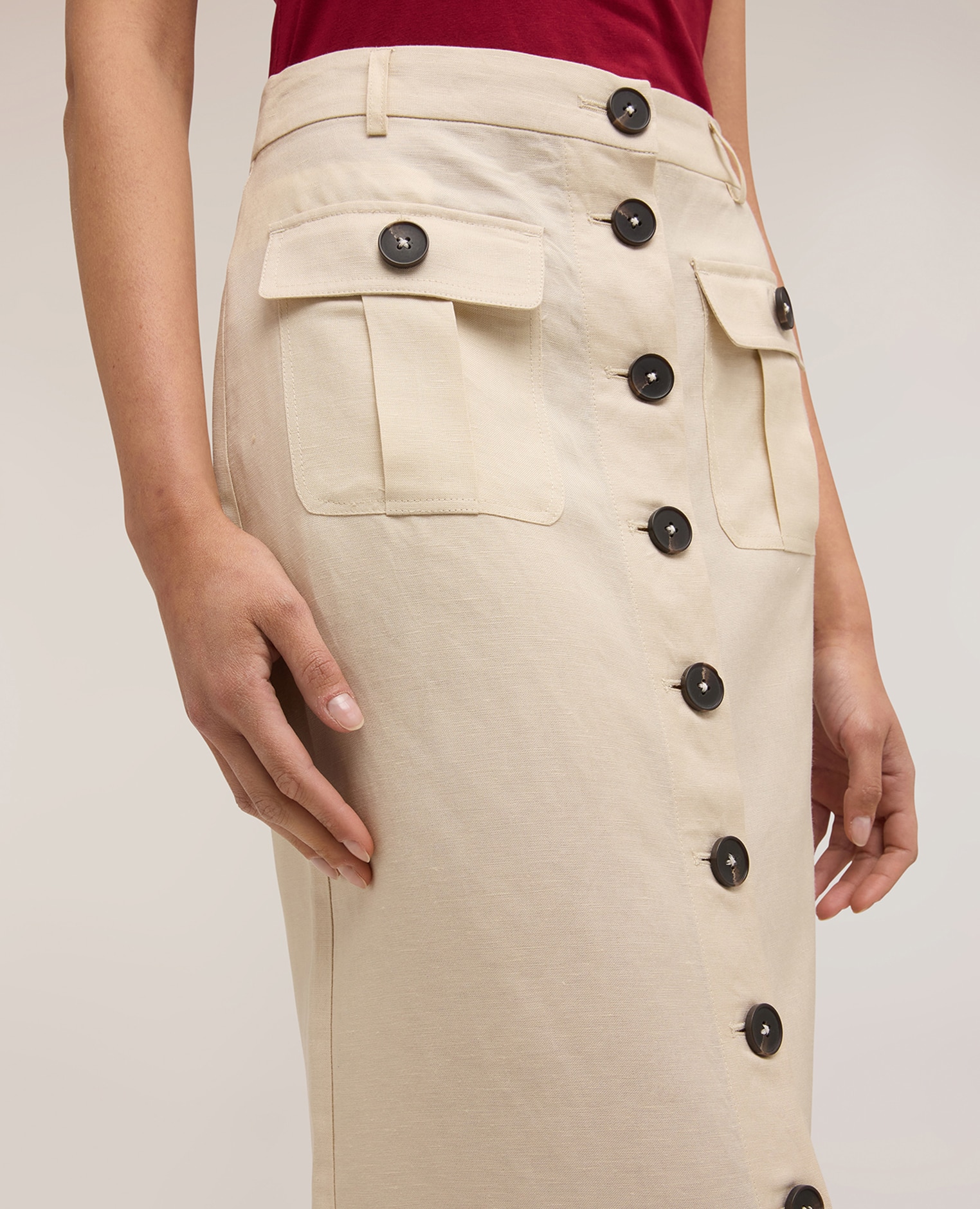 Falda tubo longuette en mezcla de lino talle alto cierre frontal con botones - Motivi - Beige Beige-4