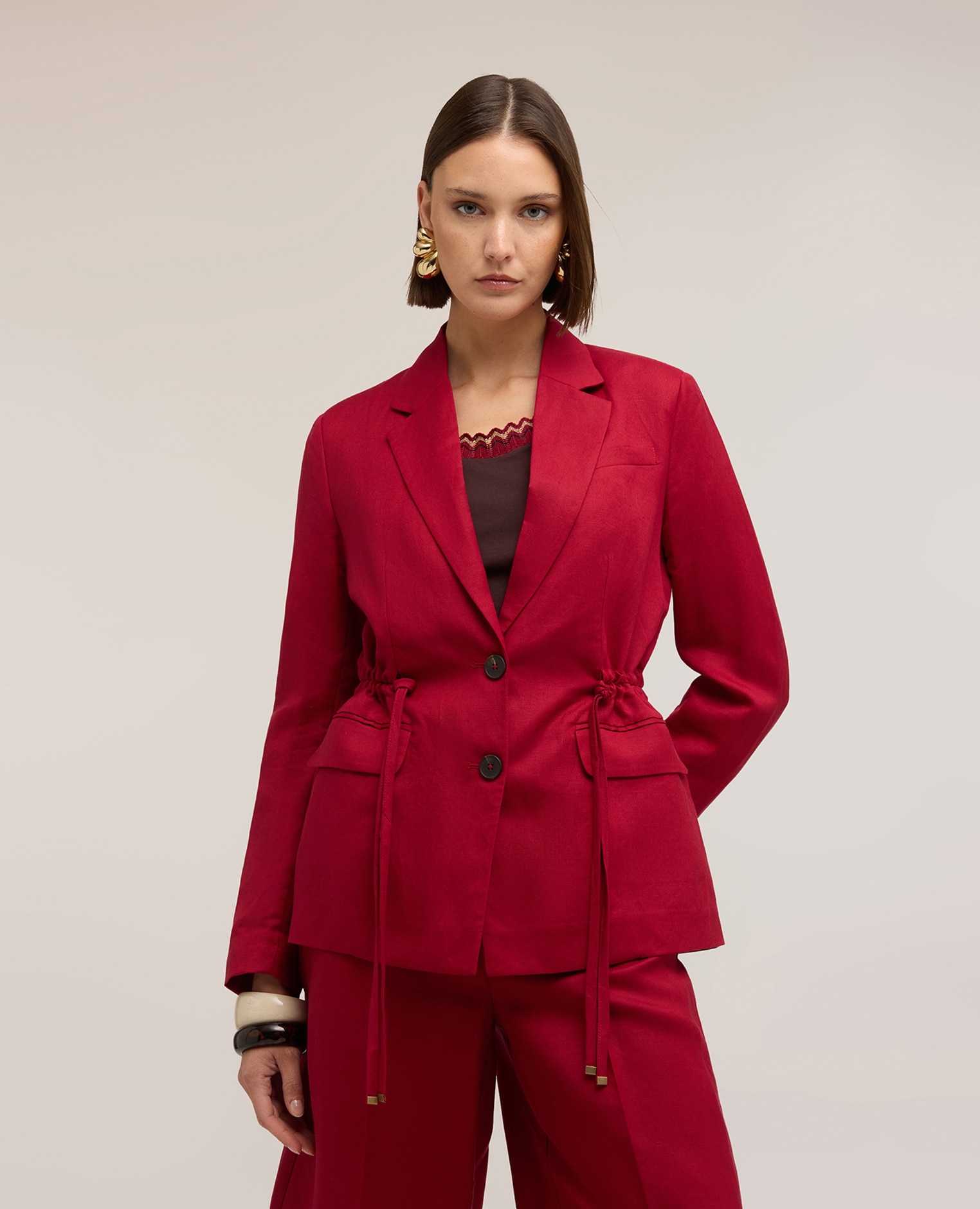 Blazer de mujer mezcla lino con cordón ajuste regular con cierre frontal de botones - Motivi - Rojo Rojo-1