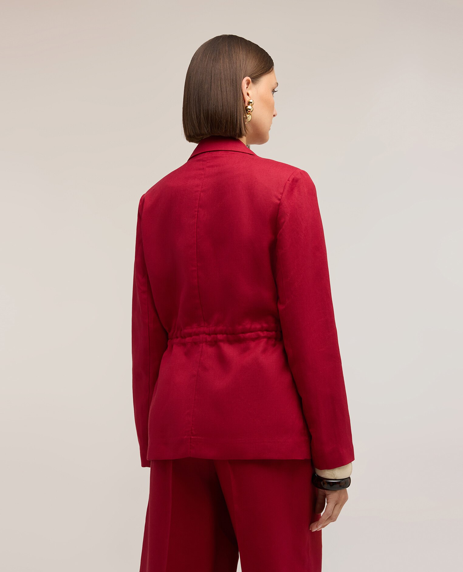 Blazer de mujer mezcla lino con cordón ajuste regular con cierre frontal de botones - Motivi - Rojo Rojo-2