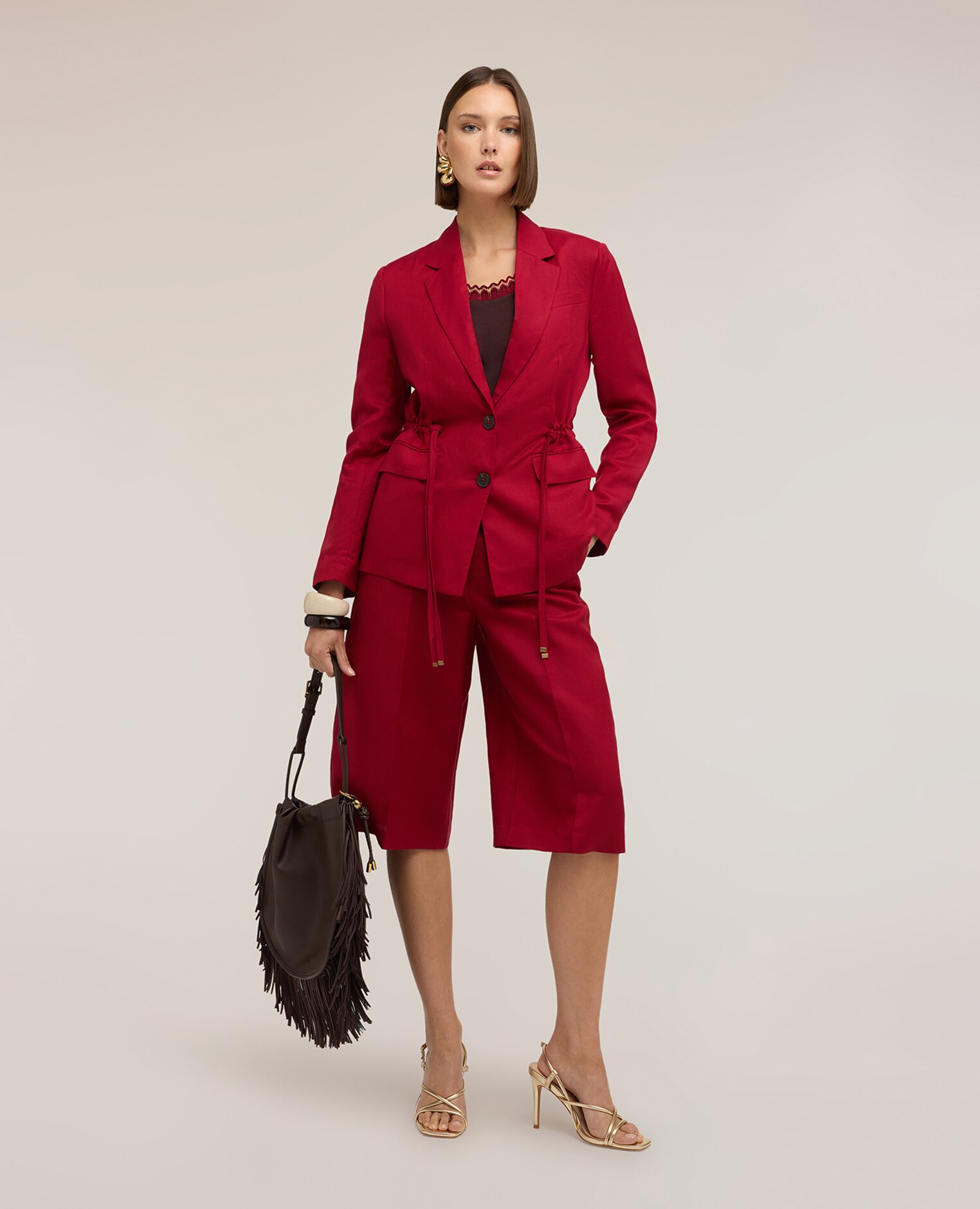 Blazer de mujer mezcla lino con cordón ajuste regular con cierre frontal de botones - Motivi - Rojo Rojo-3