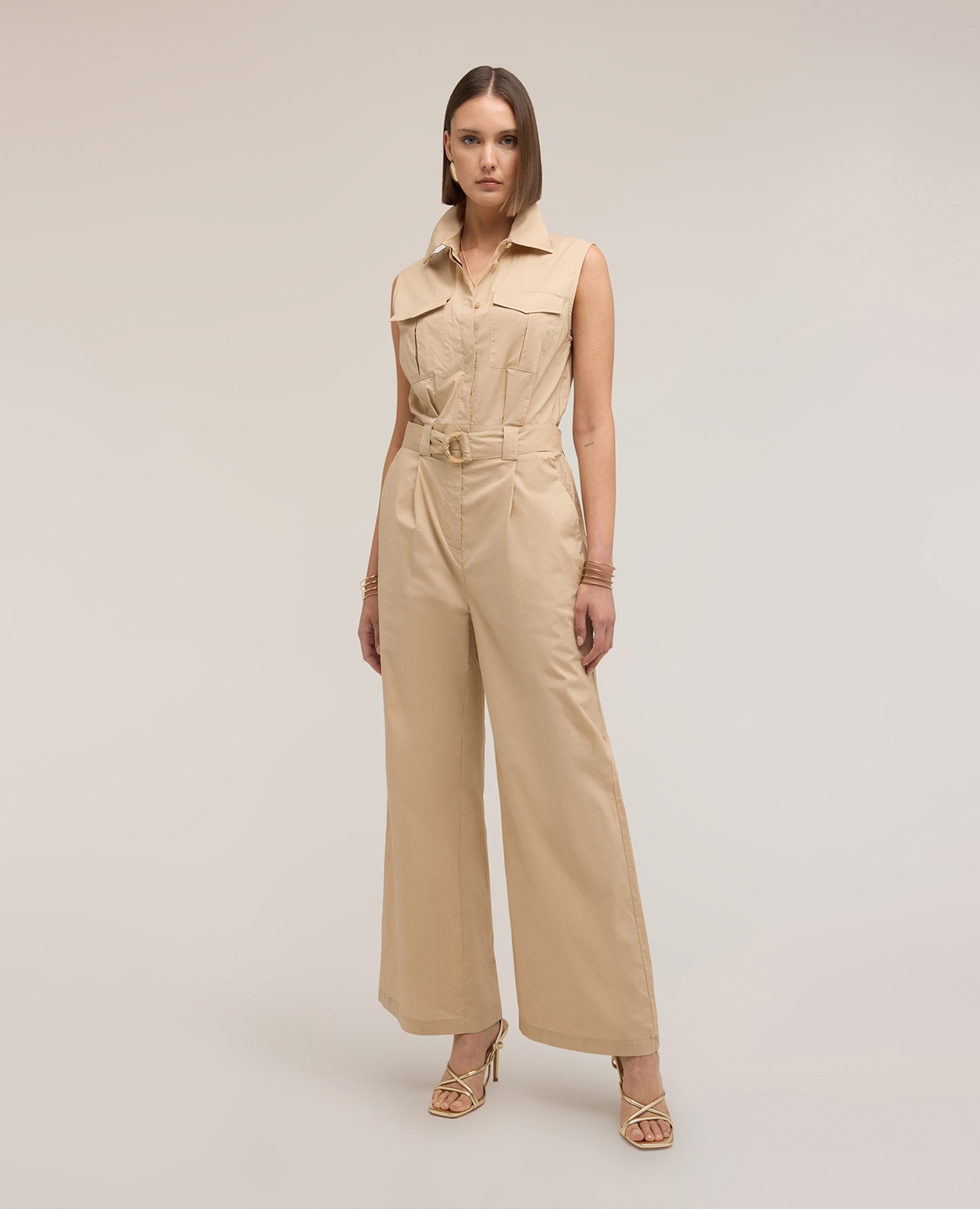 Mono de mujer largo de popelín con cinturón modelo sin mangas con cuello clásico cierre frontal con botones y cremallera - Motivi - Beige Beige-1
