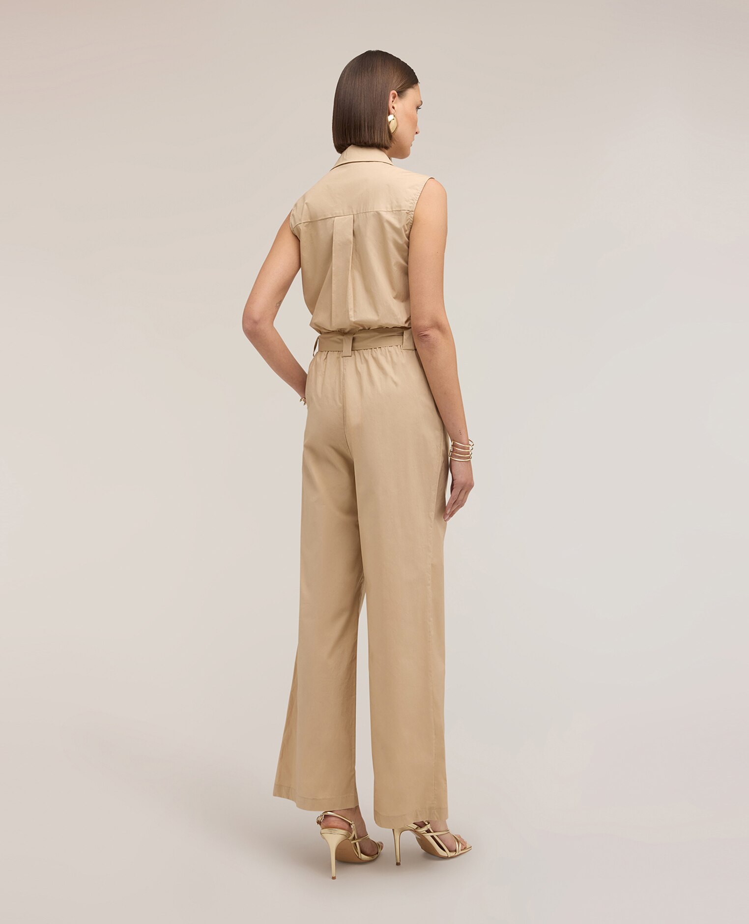 Mono de mujer largo de popelín con cinturón modelo sin mangas con cuello clásico cierre frontal con botones y cremallera - Motivi - Beige Beige-2