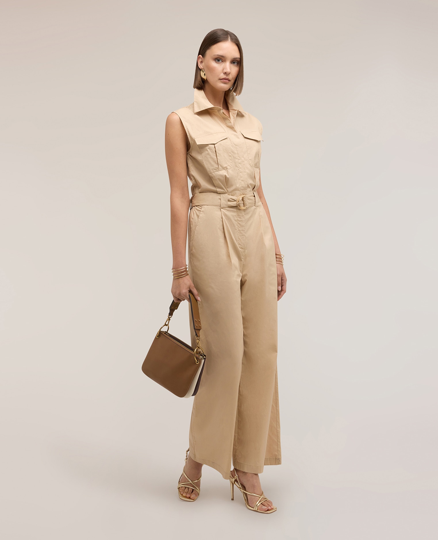 Mono de mujer largo de popelín con cinturón modelo sin mangas con cuello clásico cierre frontal con botones y cremallera - Motivi - Beige Beige-3