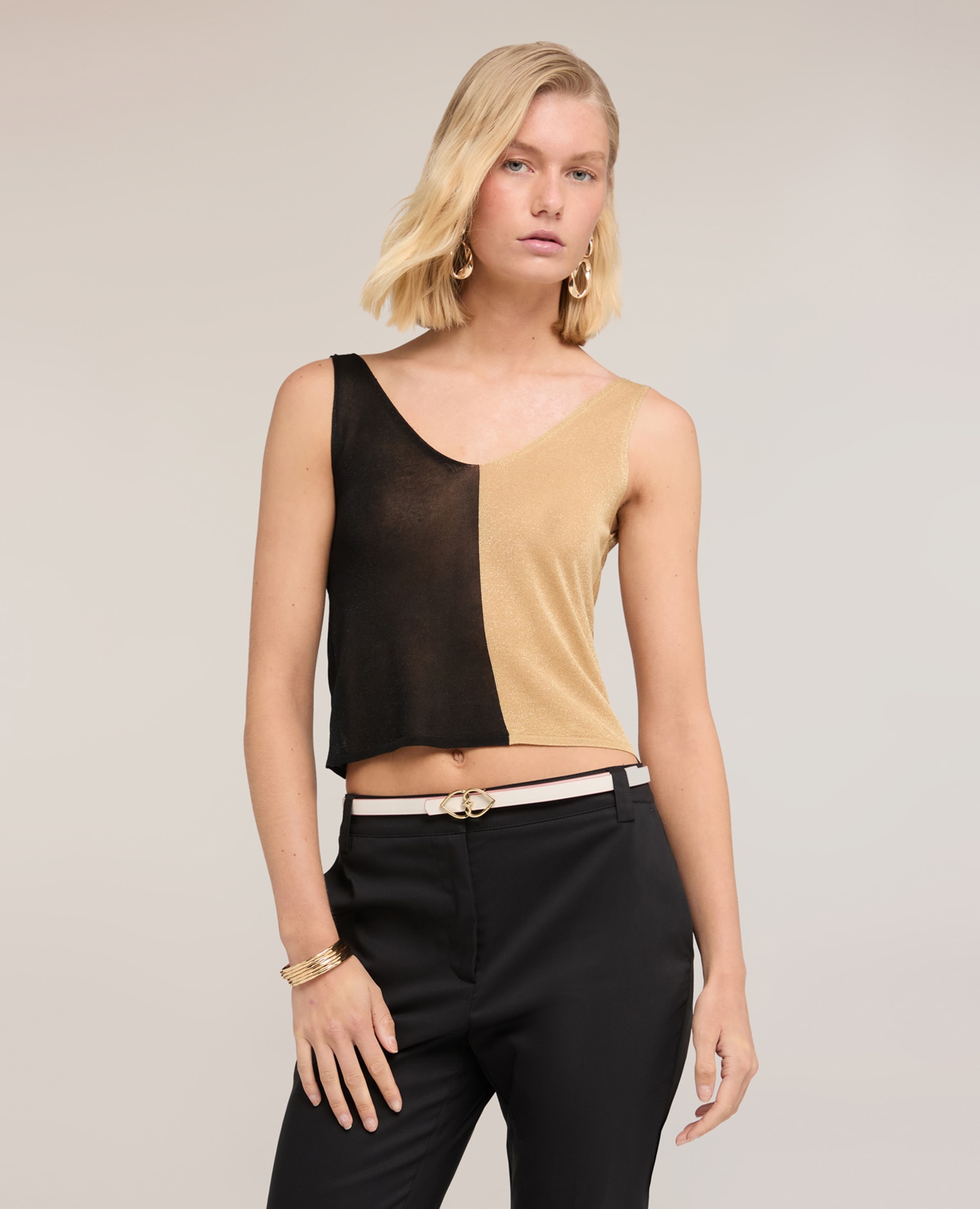 Top de mujer de punto lurex con detalle de nudo escote pronunciado en v frontal - Motivi - Negro Negro-1