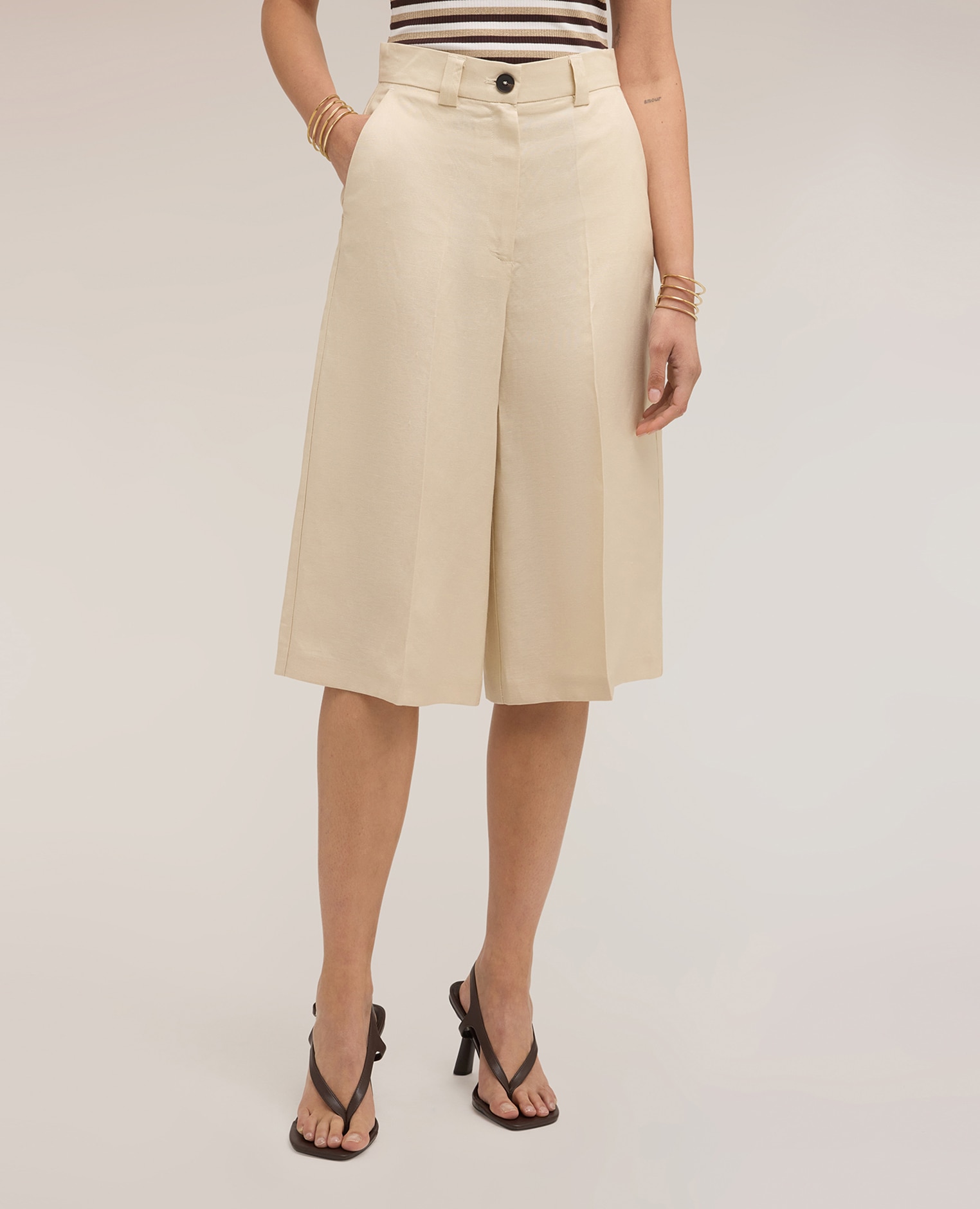 Bermudas de mujer mezcla lino lyocell ajuste amplio cierre frontal con botón y cremallera - Motivi - Beige Beige-3