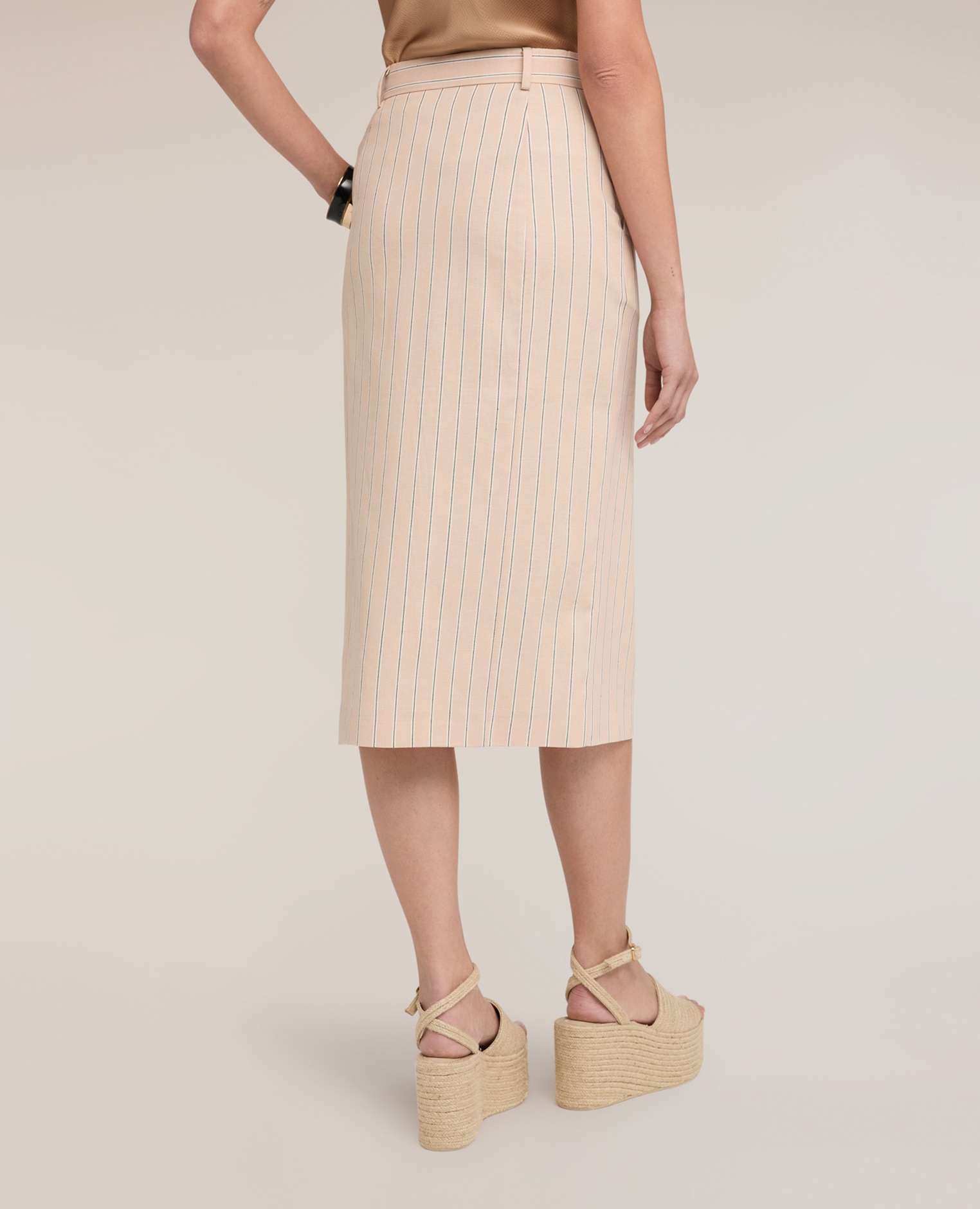 Falda tubo de rayas en mezcla de lino largo midi cintura alta - Motivi - Beige Beige-2