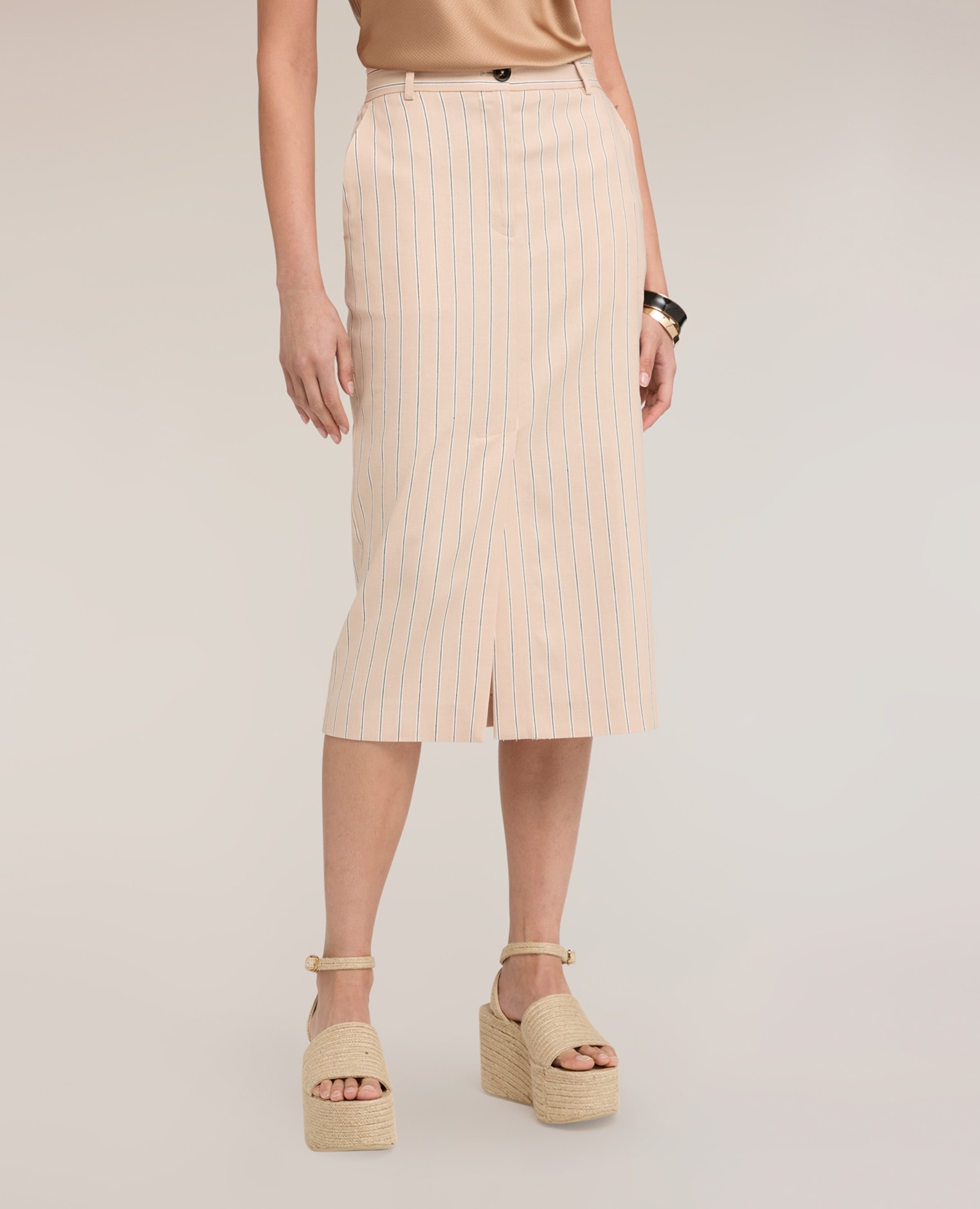Falda tubo de rayas en mezcla de lino largo midi cintura alta - Motivi - Beige Beige-3