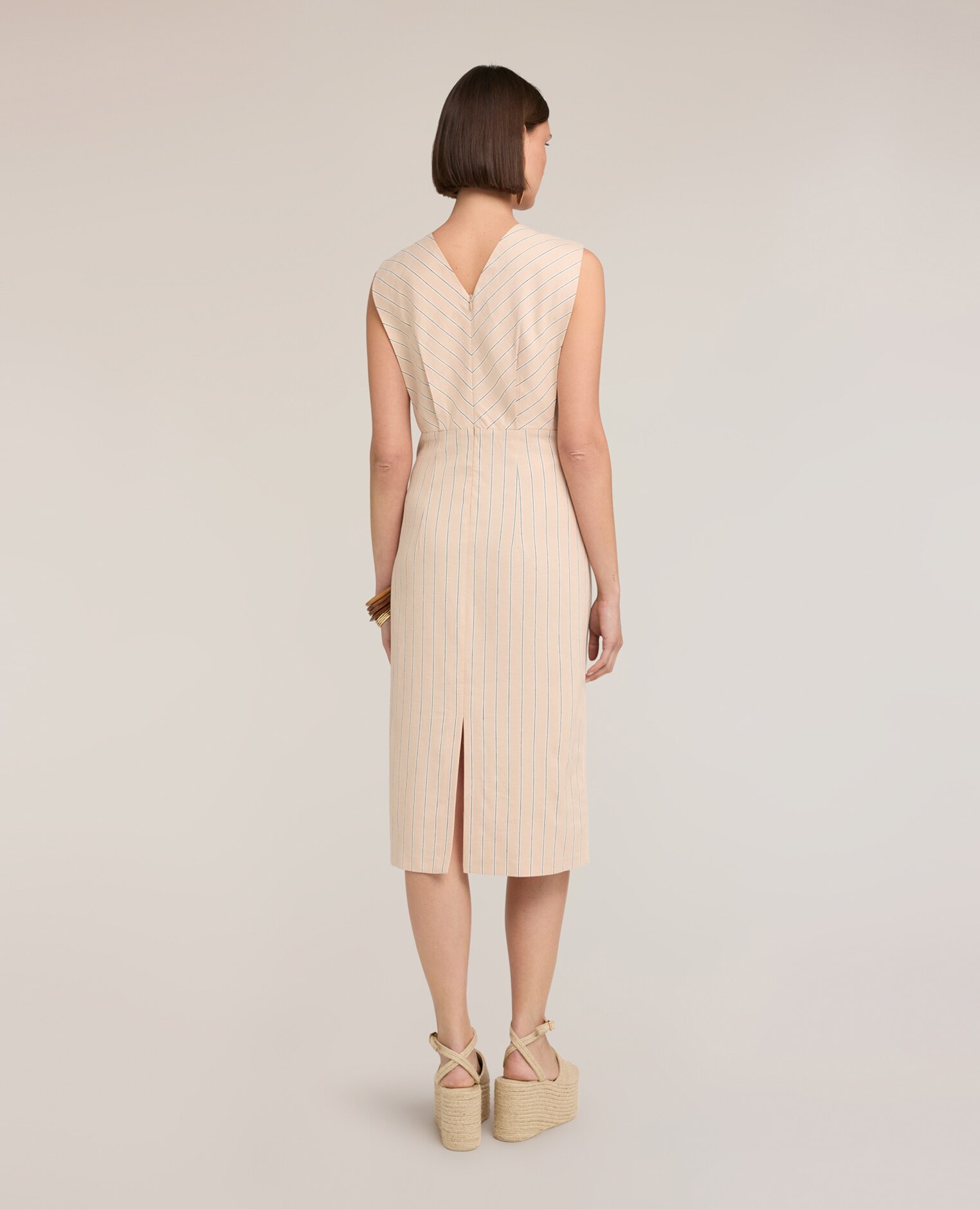 Vestido tubo de rayas en mezcla de lino longitud media cierre con cremallera trasera - Motivi - Beige Beige-2