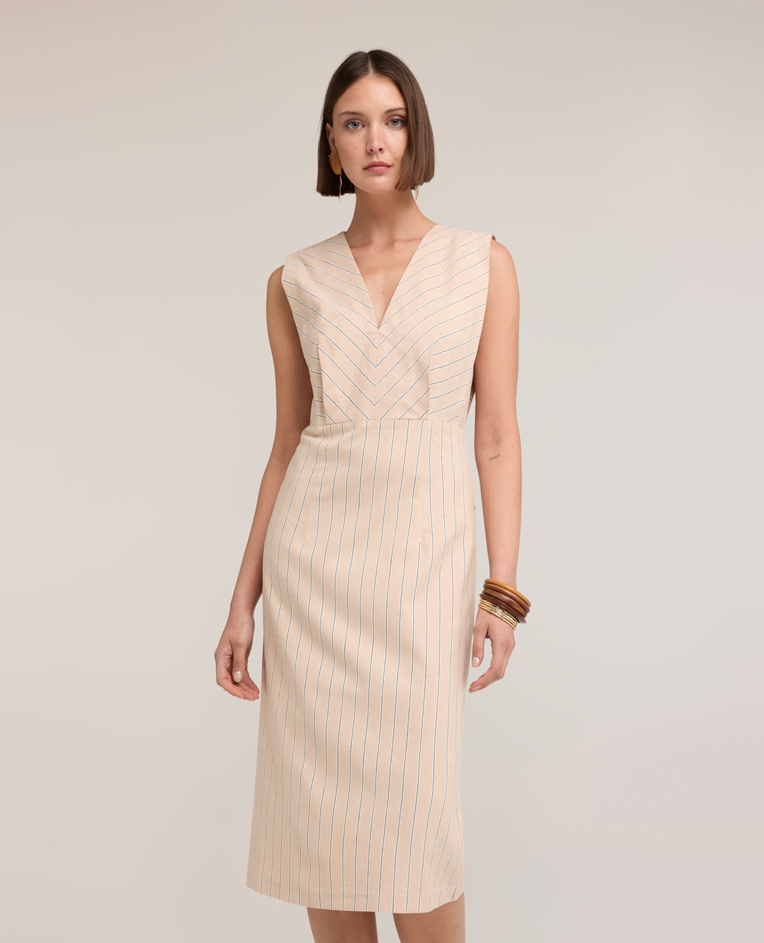 Vestido tubo de rayas en mezcla de lino longitud media cierre con cremallera trasera - Motivi - Beige Beige-3