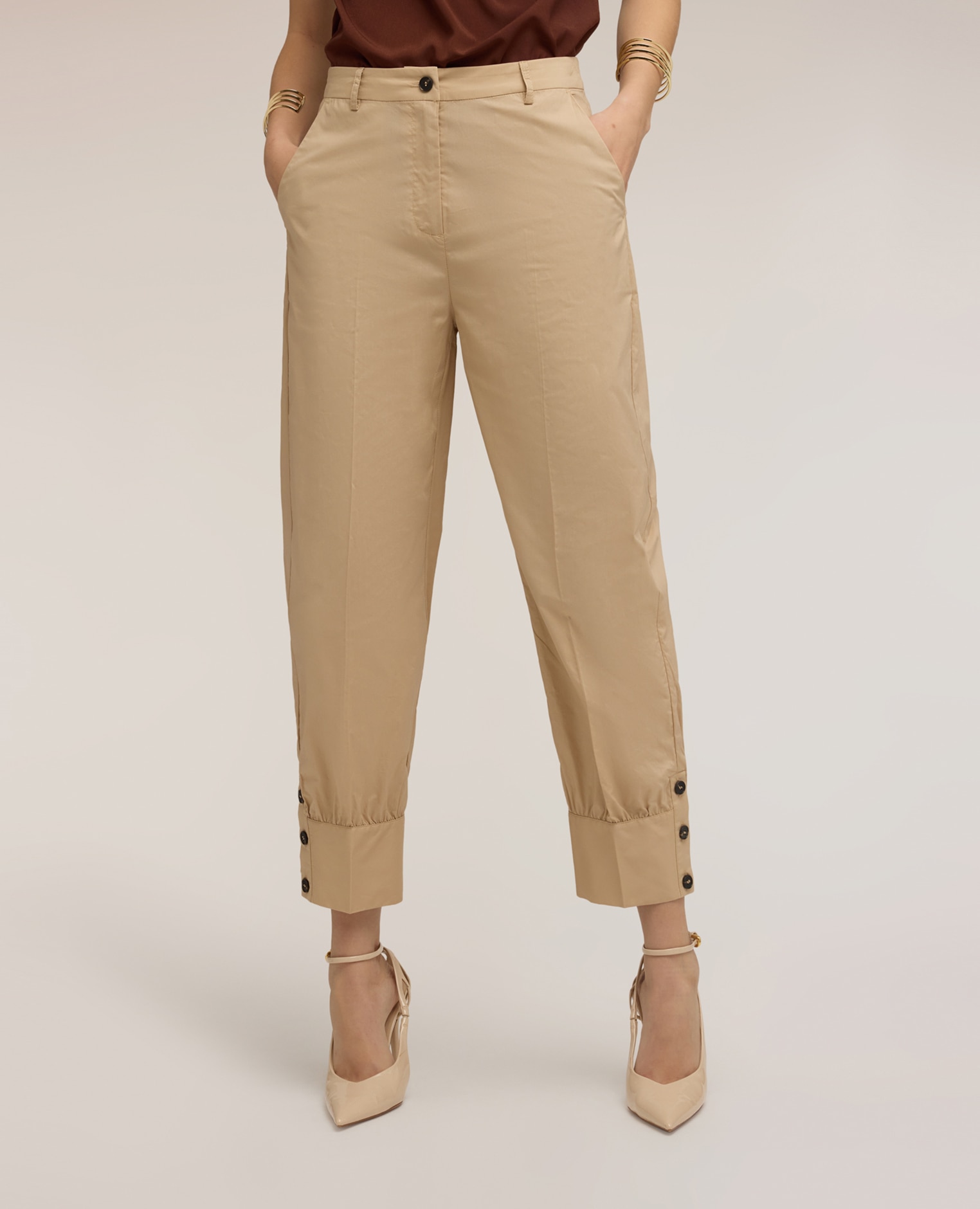 Pantalones de mujer con puño en popelín ajuste tapered cierre frontal con botón y cremallera - Motivi - Beige Beige-3