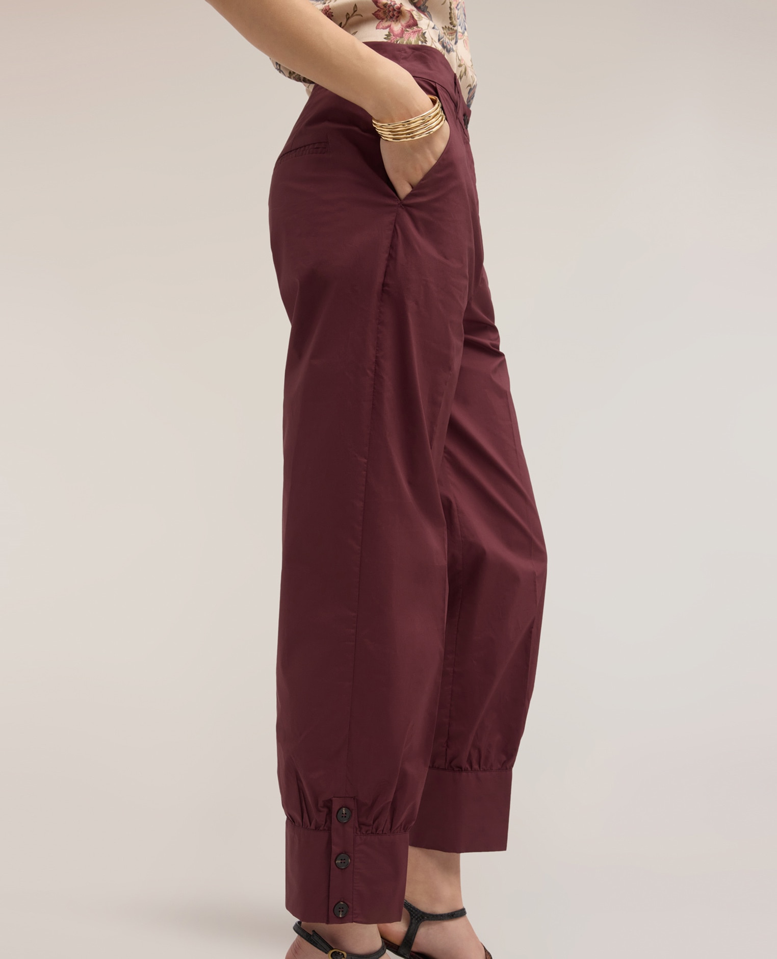 Pantalones de mujer con puño en popelín ajuste tapered cierre frontal con botón y cremallera - Motivi - Morado Morado-4