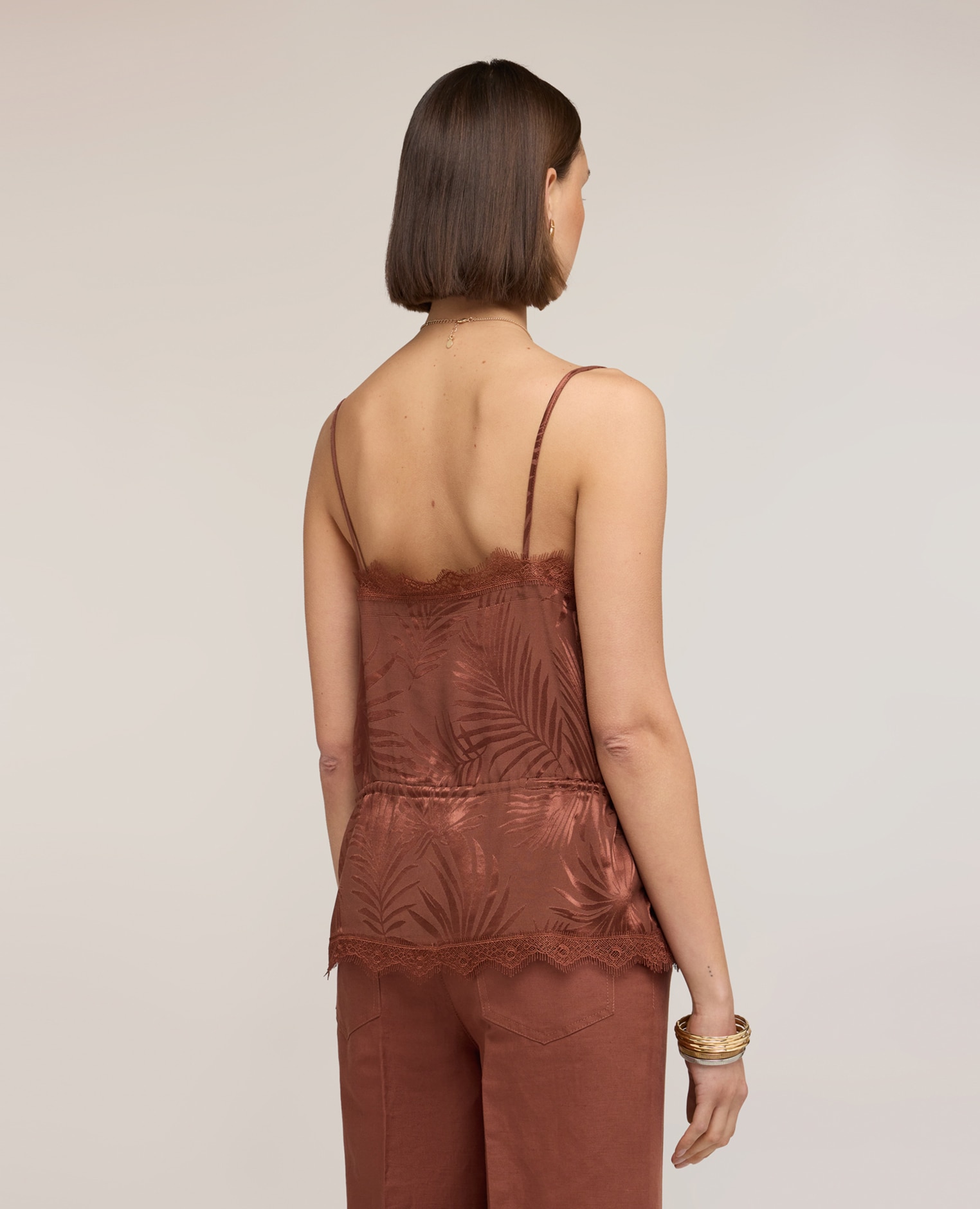 Top de mujer de raso jacquard con encaje ribetes de encaje tono sobre tono cordón ajustable en la cintura - Motivi - Marrón Marrón-2